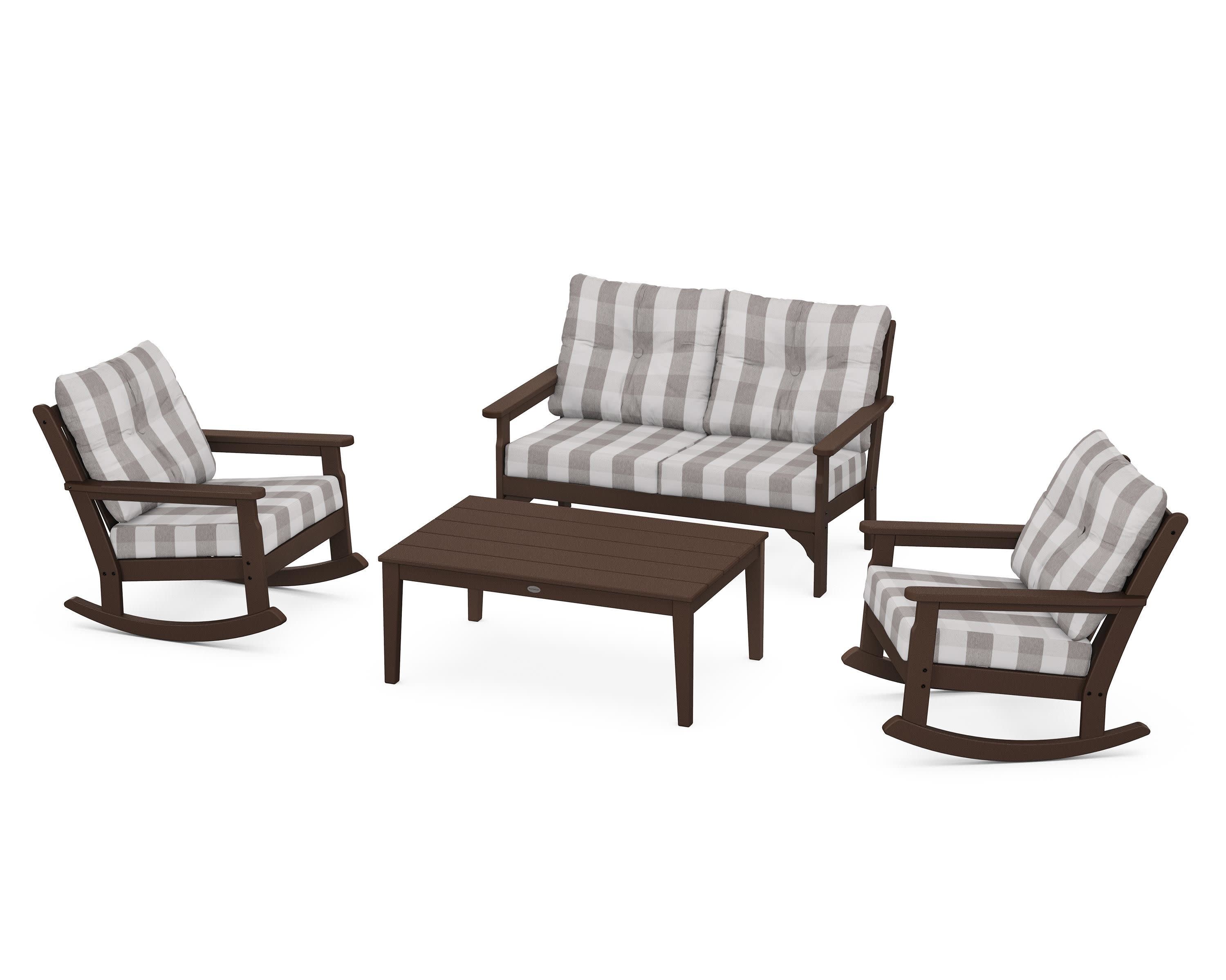 Vineyard 4-Piece Deep Seating Rocking Chair Set in Mahogany / Buffalo Plaid Grey Mist
