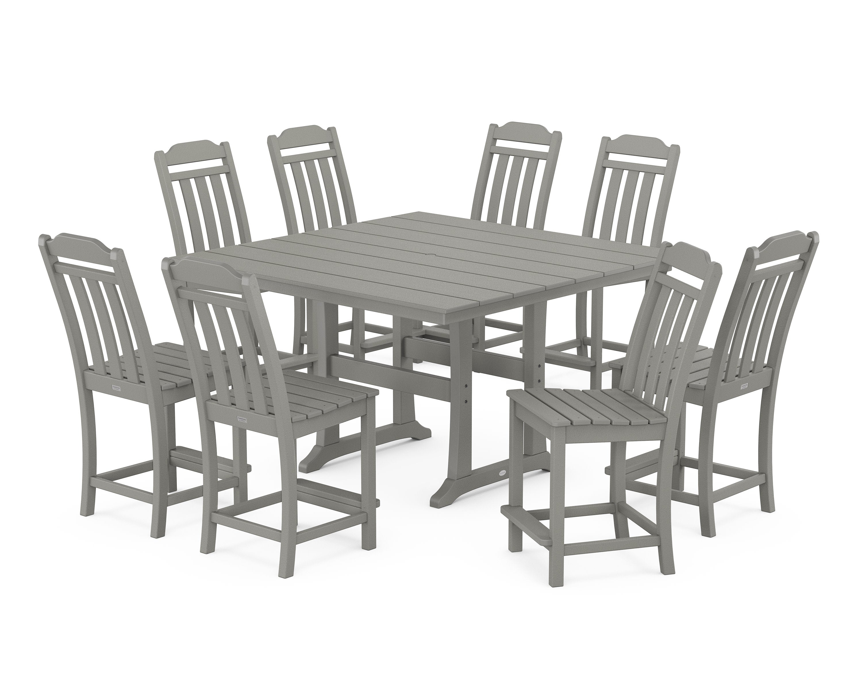Cottage 9-Piece Square Farmhouse Side Chair Counter Set with Trestle Legs in Slate Grey