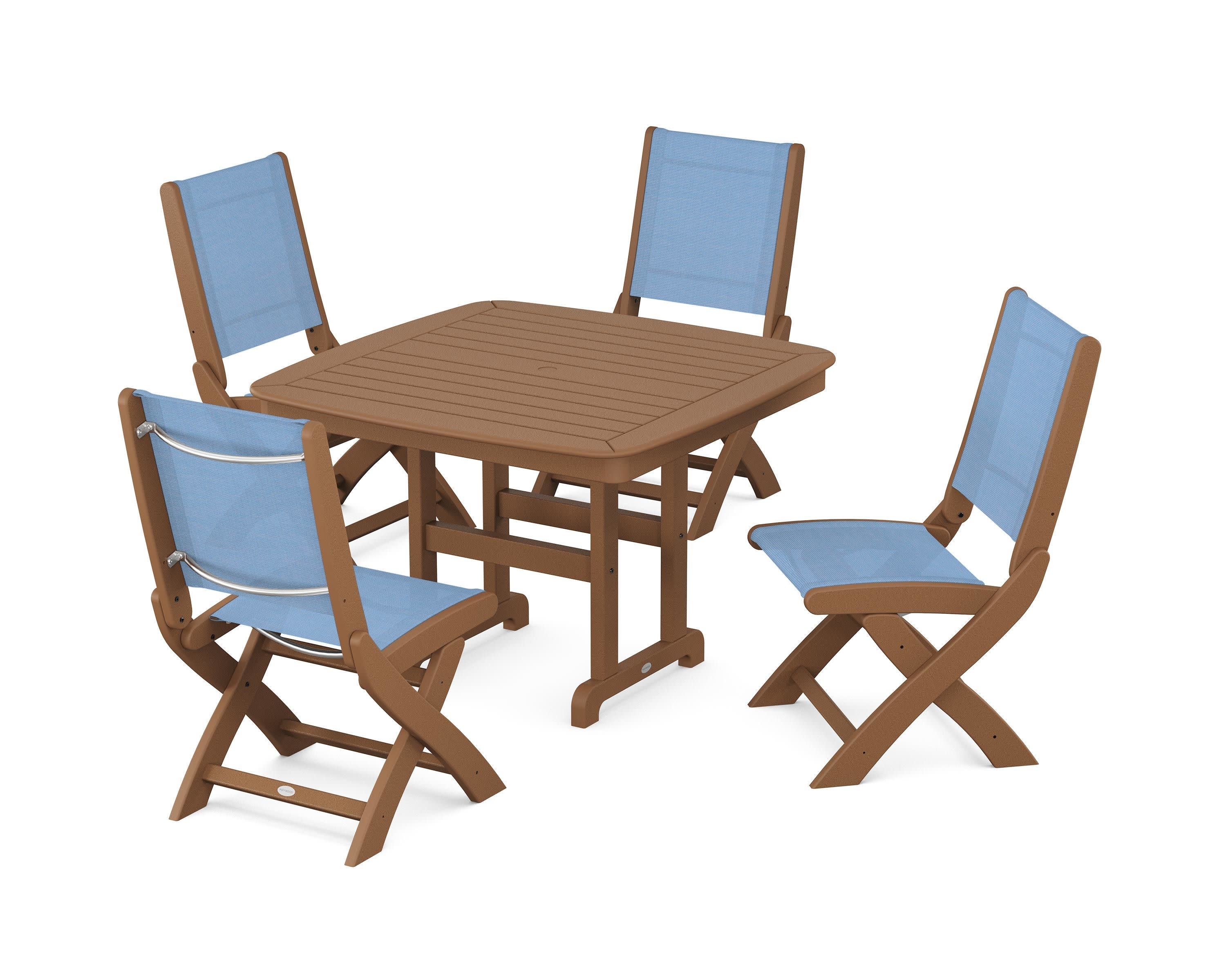 Coastal Folding Side Chair 5-Piece Dining Set in Teak / Poolside Sling