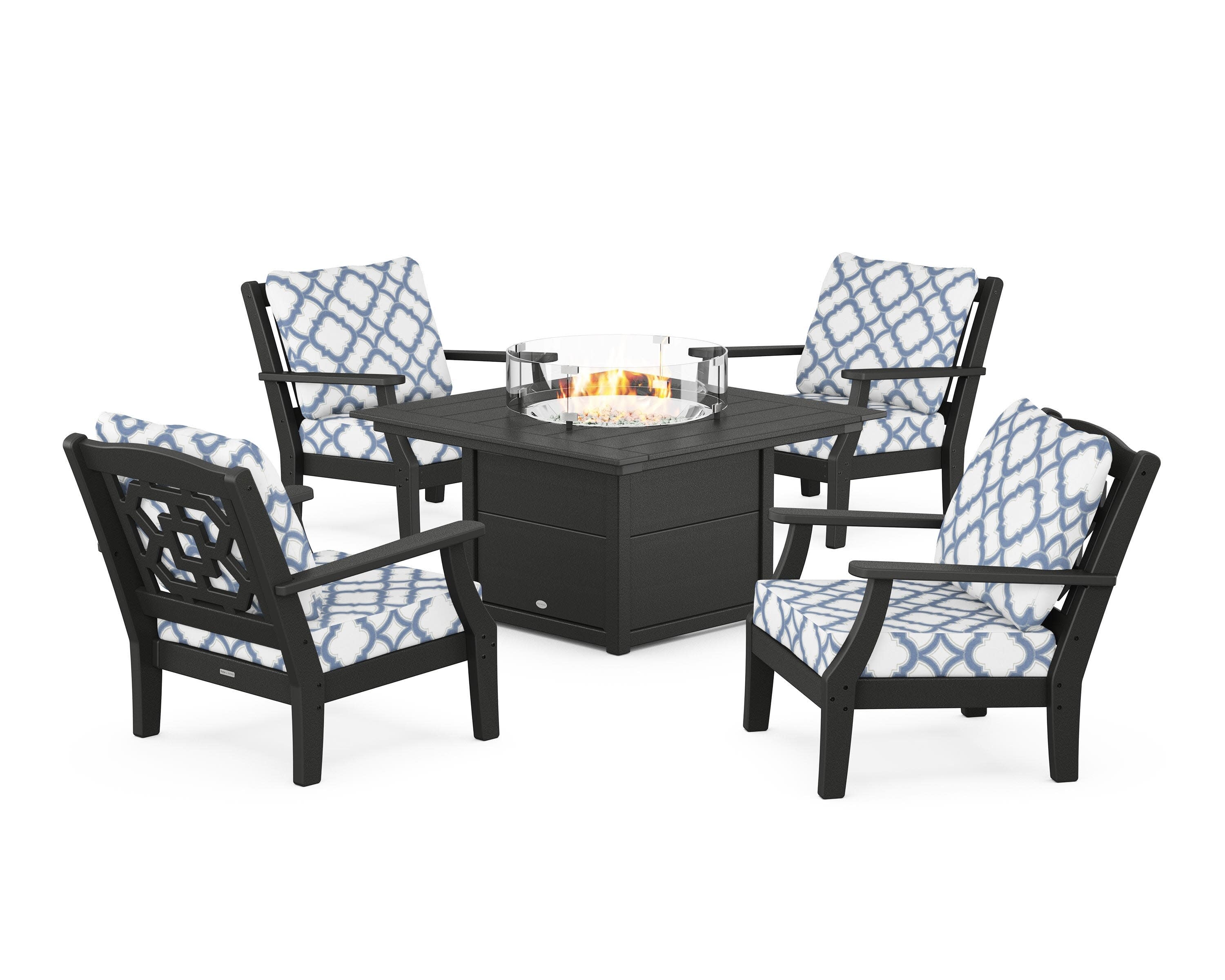Chinoiserie 5-Piece Deep Seating Set with Fire Pit Table in Black / Trellis Sky Blue