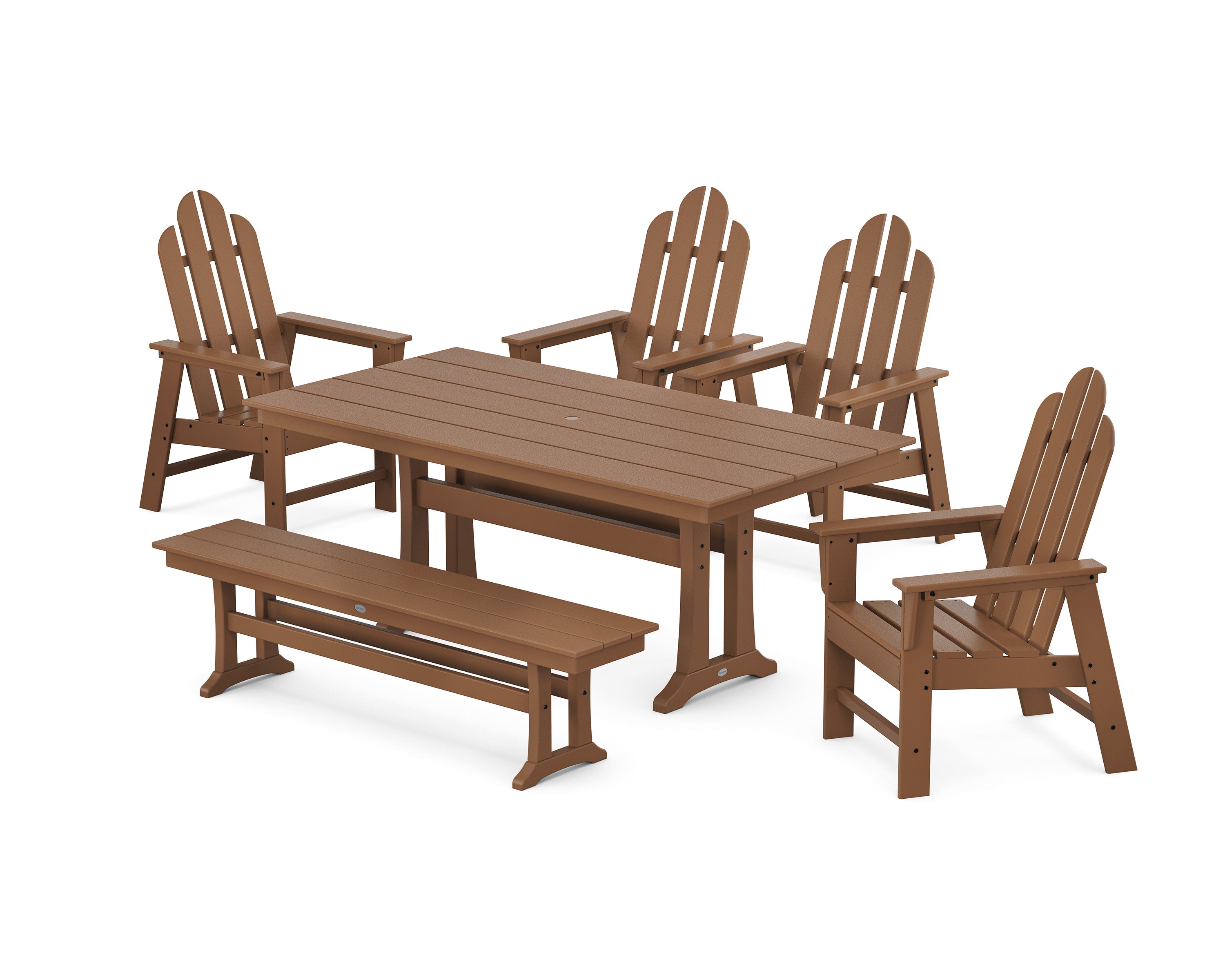 Long Island 6-Piece Farmhouse Dining Set with Trestle Legs and Bench in Teak