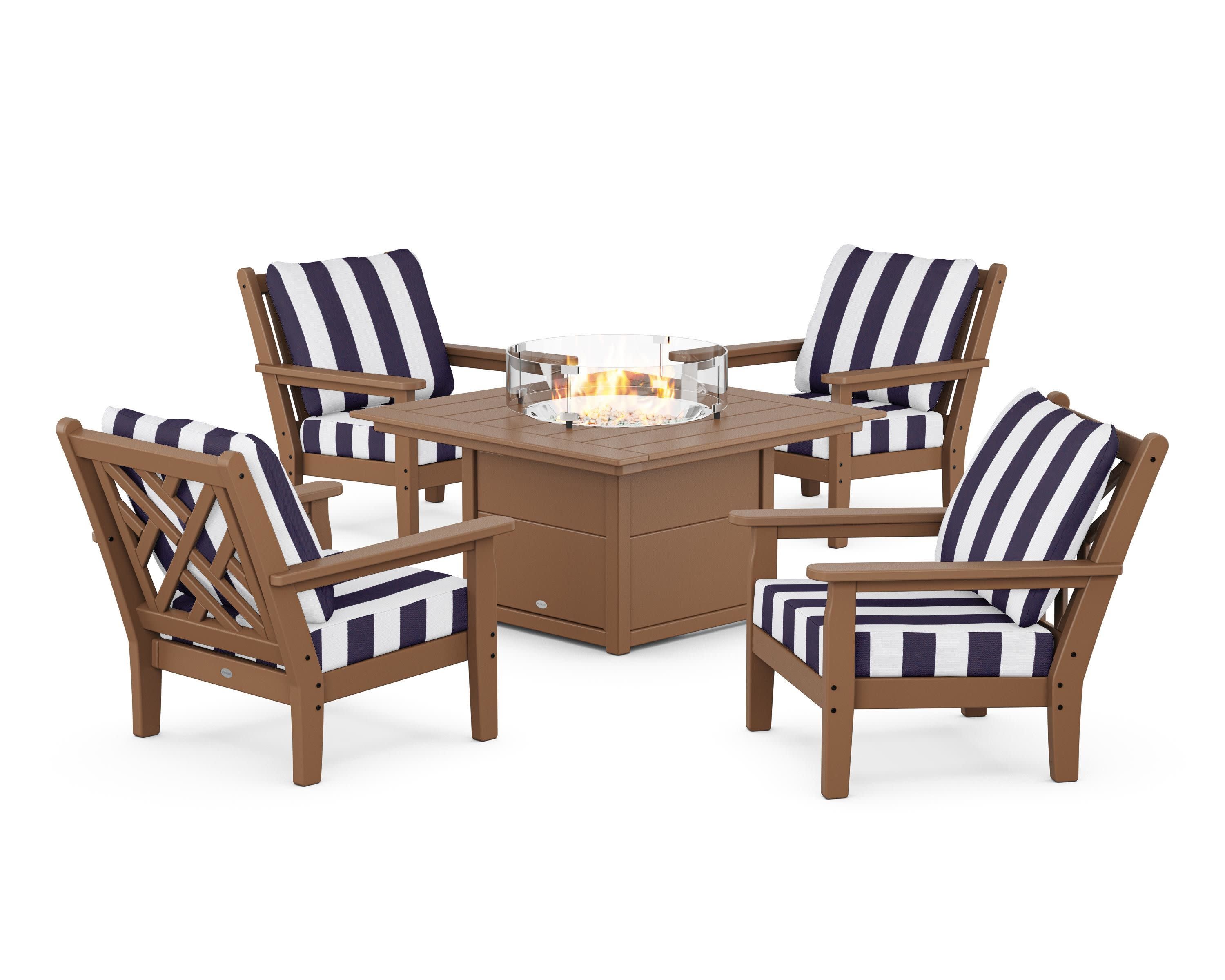 Chippendale 5-Piece Deep Seating Set with Fire Pit Table in Teak / Cabana Stripe Navy