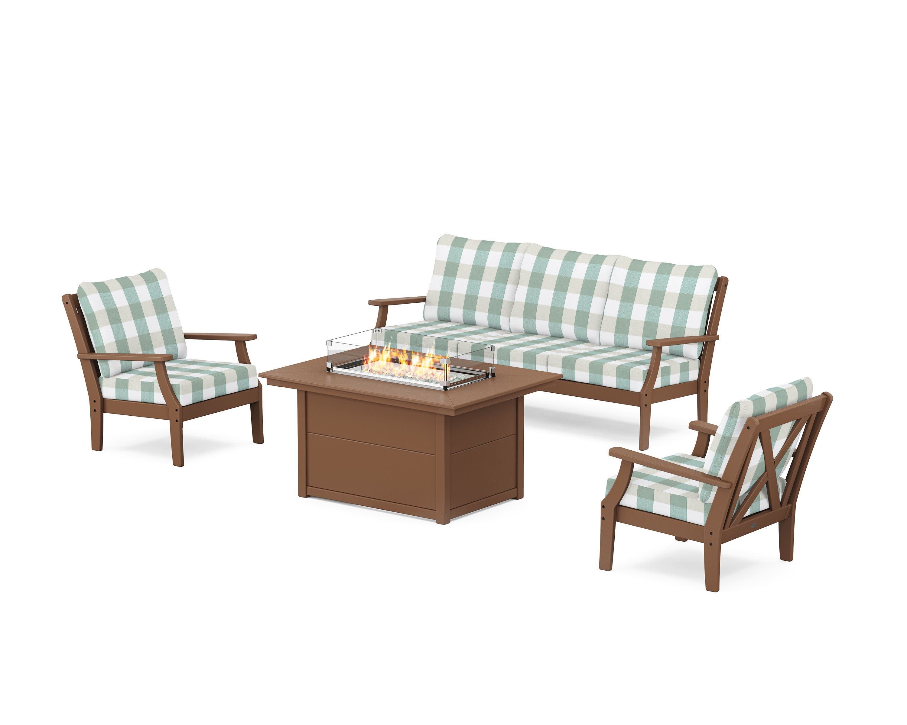 Braxton Deep Seating Fire Pit Table Set in Teak / Buffalo Plaid Glacier Spa