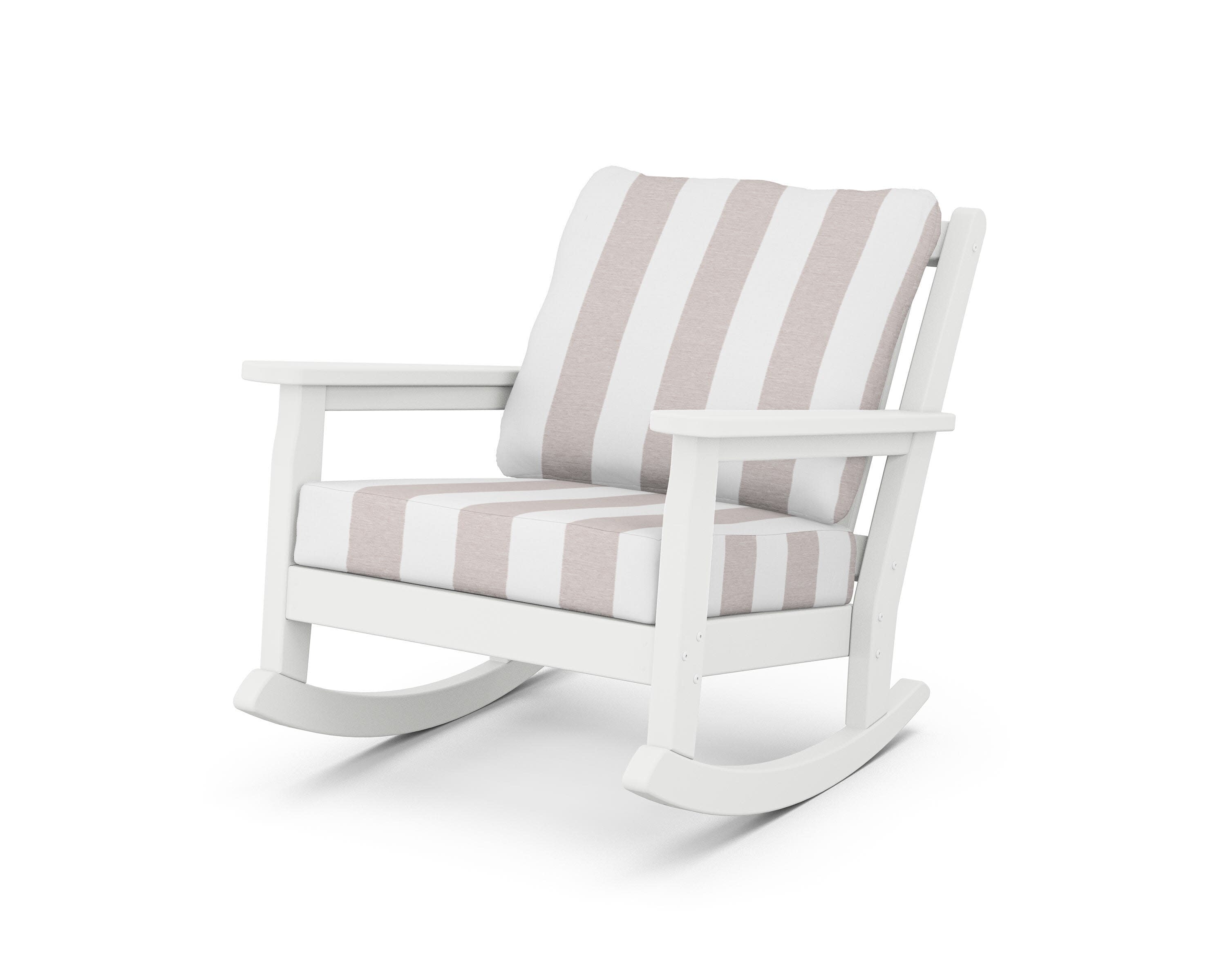 Chippendale Deep Seating Rocking Chair in White / Cabana Stripe Dune Burlap