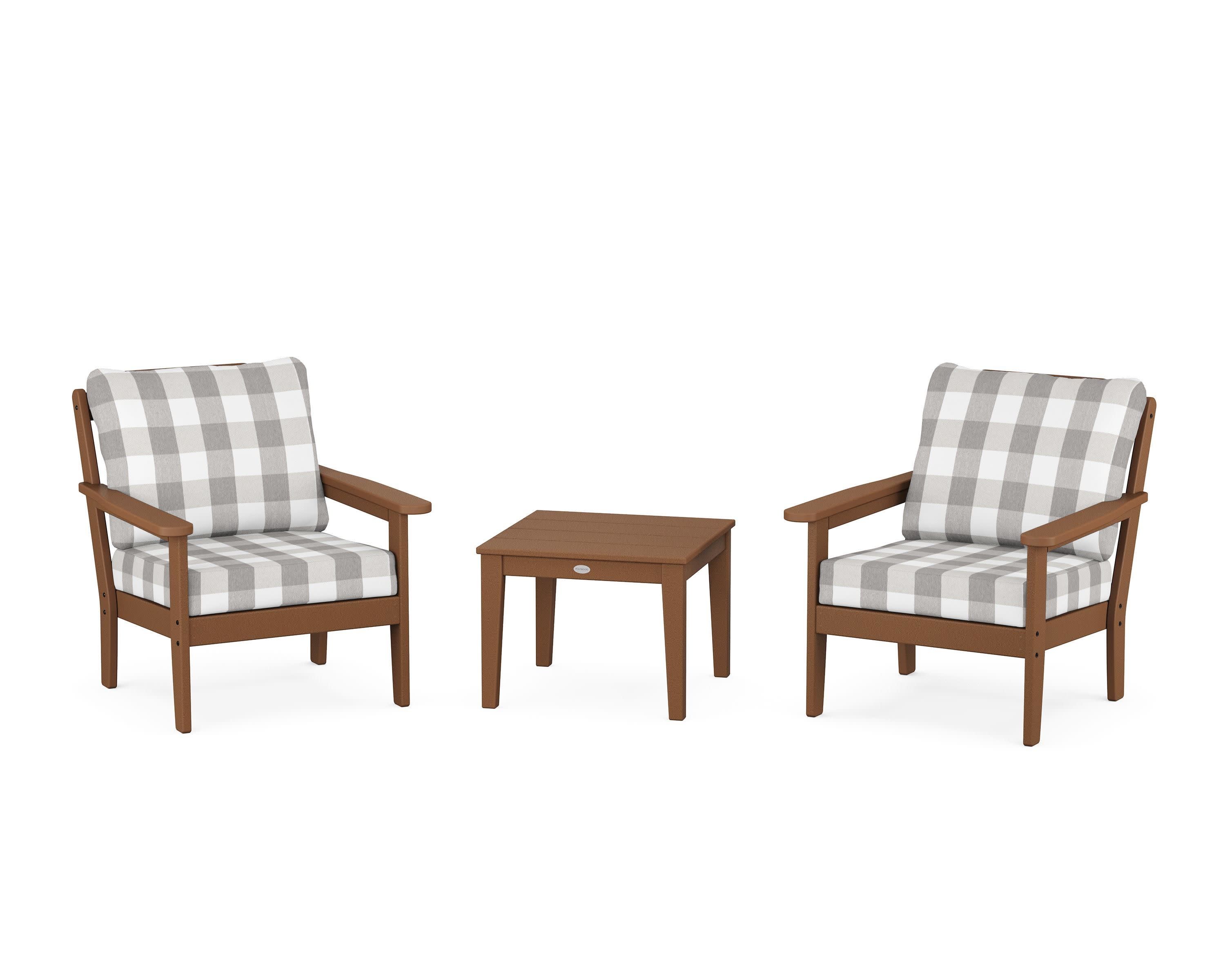 Cottage 3-Piece Deep Seating Set in Teak / Buffalo Plaid Grey Mist