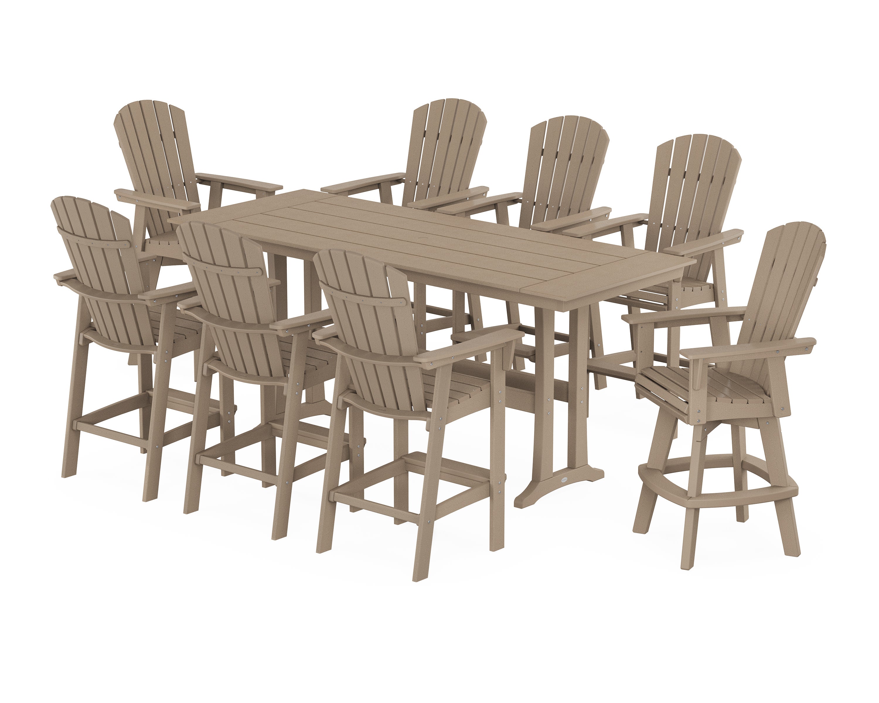 Nautical Curveback Adirondack Swivel Chair 9-Piece Farmhouse Bar Set with Trestle Legs in Vintage Sahara
