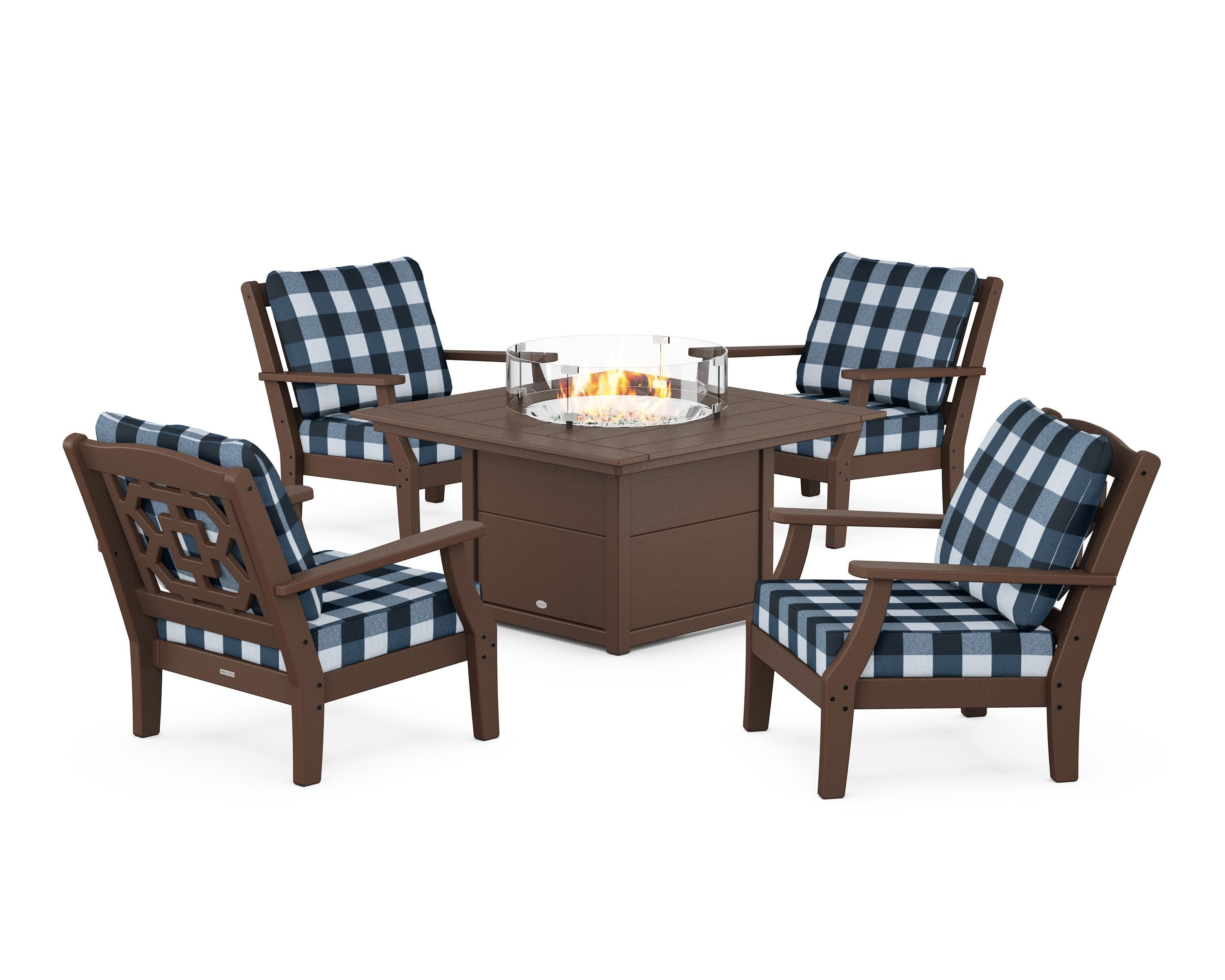 Chinoiserie 5-Piece Deep Seating Set with Fire Pit Table in Mahogany / Buffalo Plaid Marine Indigo