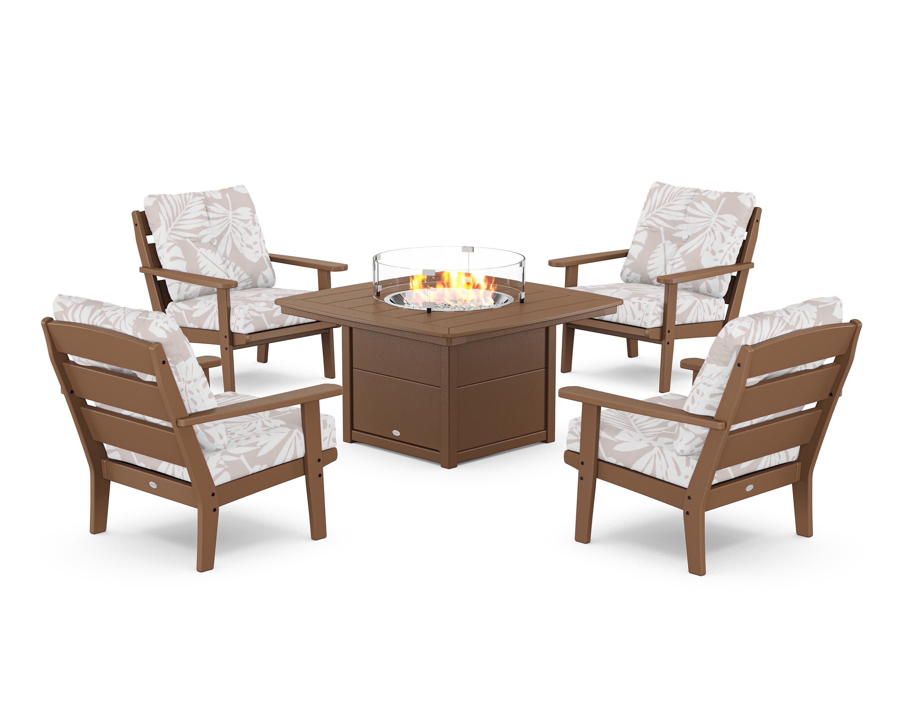 Lakeside 5-Piece Deep Seating Set with Nautical Fire Pit Table in Teak / Leaf Dune Burlap