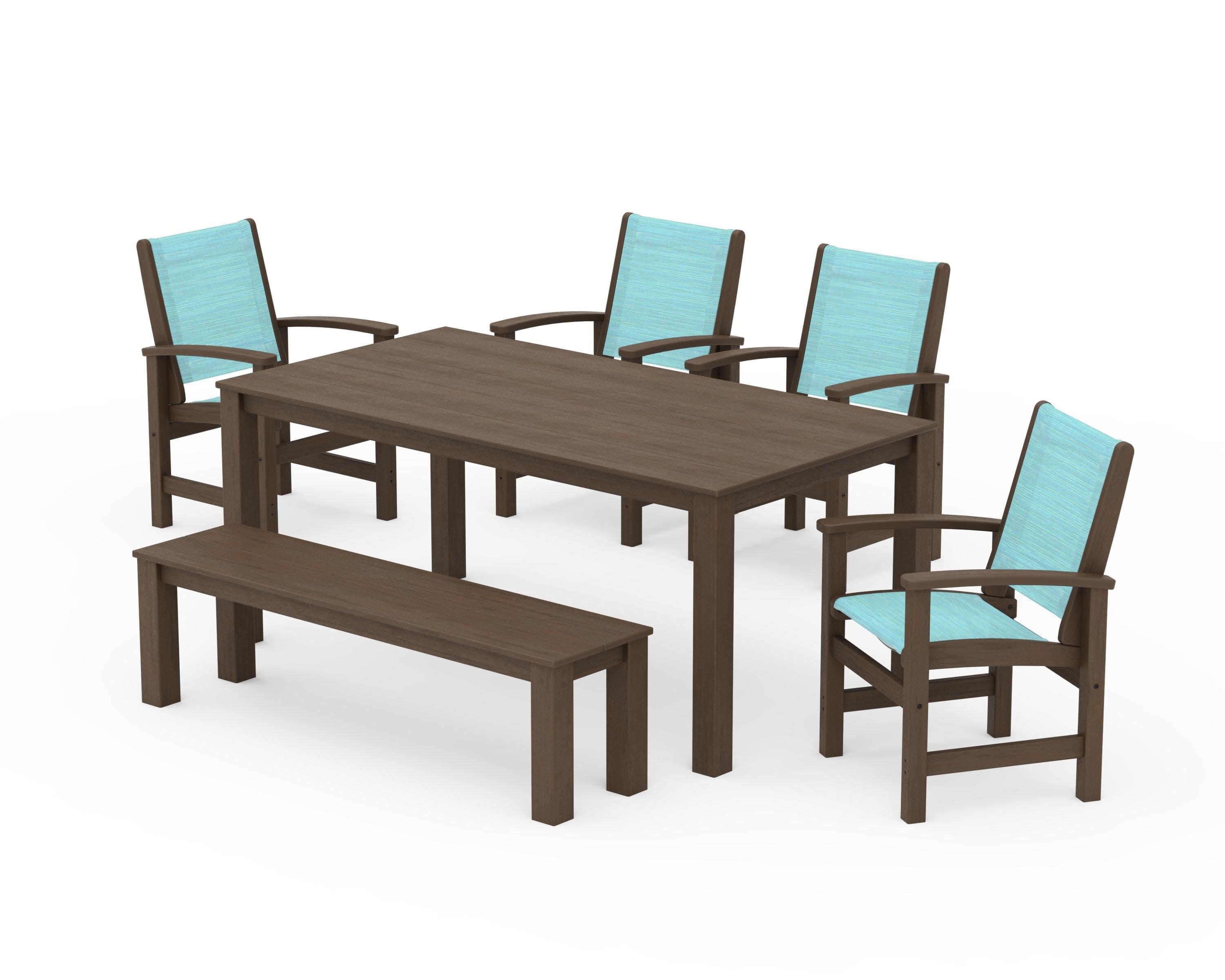 Coastal 6-Piece Parsons Dining Set with Bench in Kona / Dupioni Aquamarine Sling