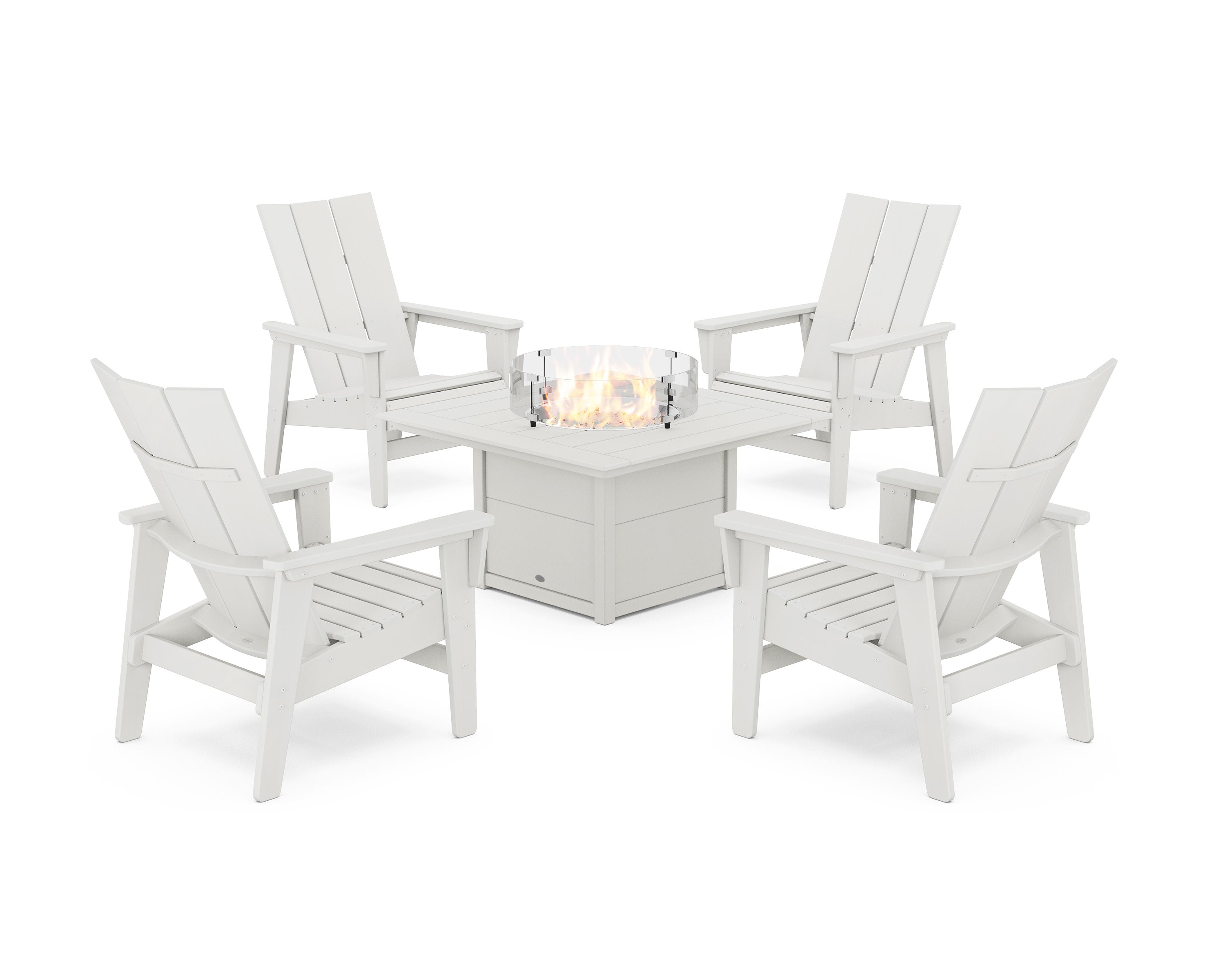 5-Piece Modern Grand Upright Adirondack Conversation Set with Fire Pit Table in Vintage White