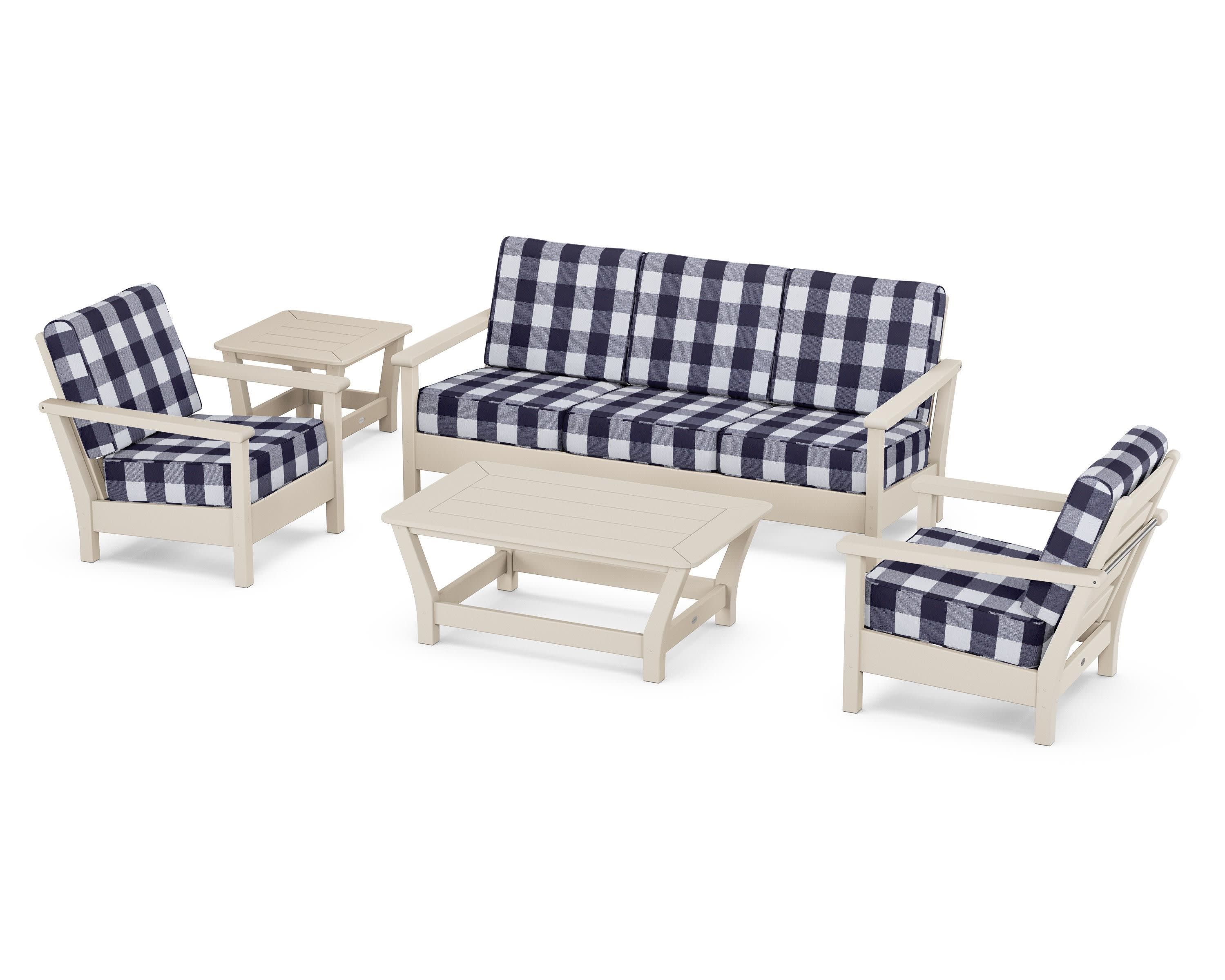 Harbour 5-Piece Deep Seating Set in Sand / Buffalo Plaid Navy