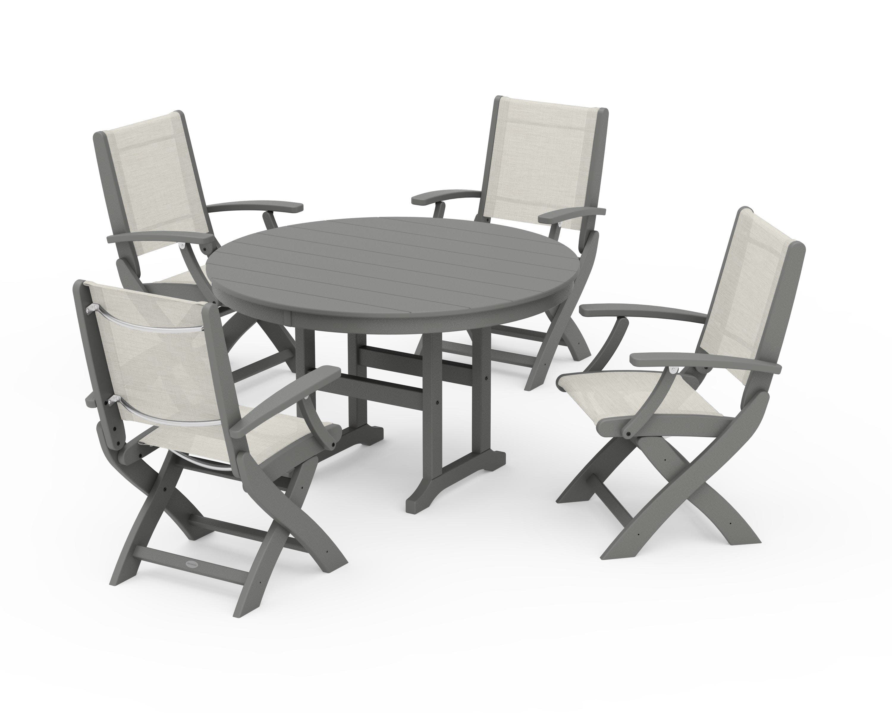 Coastal Folding Chair 5-Piece Round Dining Set in Slate Grey / Parchment Sling