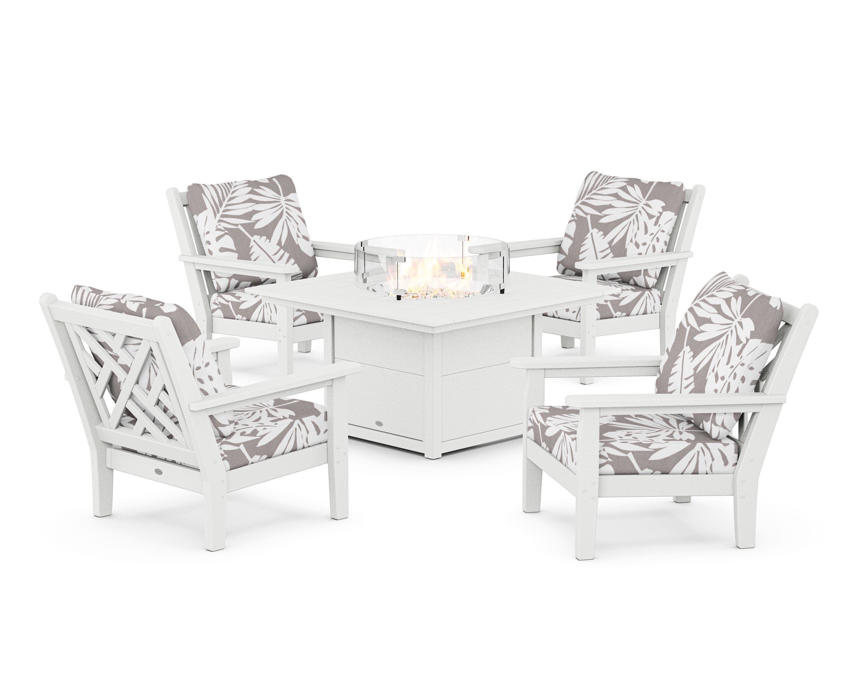 Chippendale 5-Piece Deep Seating Set with Fire Pit Table in White / Leaf Grey Mist