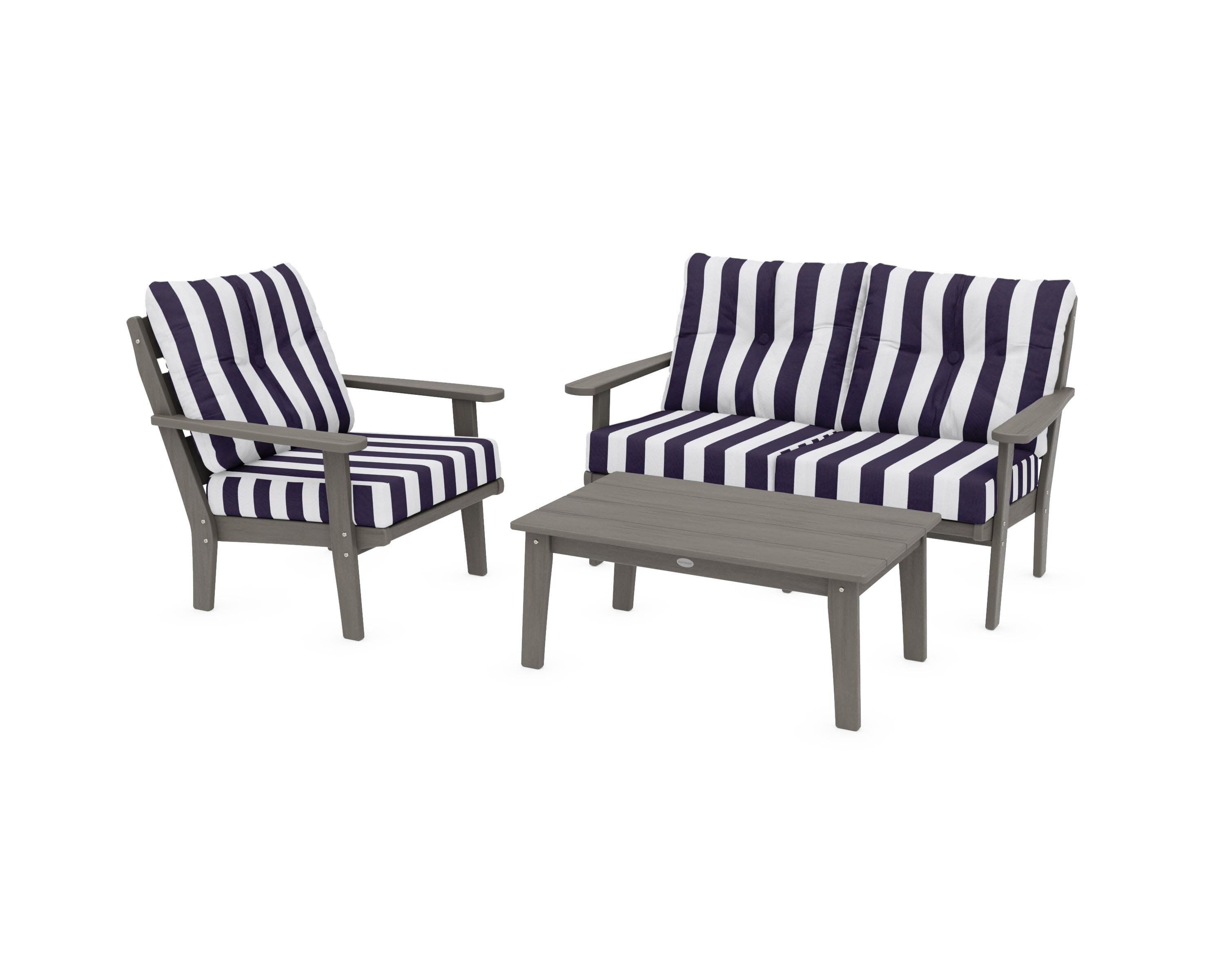 Lakeside 3-Piece Deep Seating Set in Driftwood / Cabana Stripe Navy