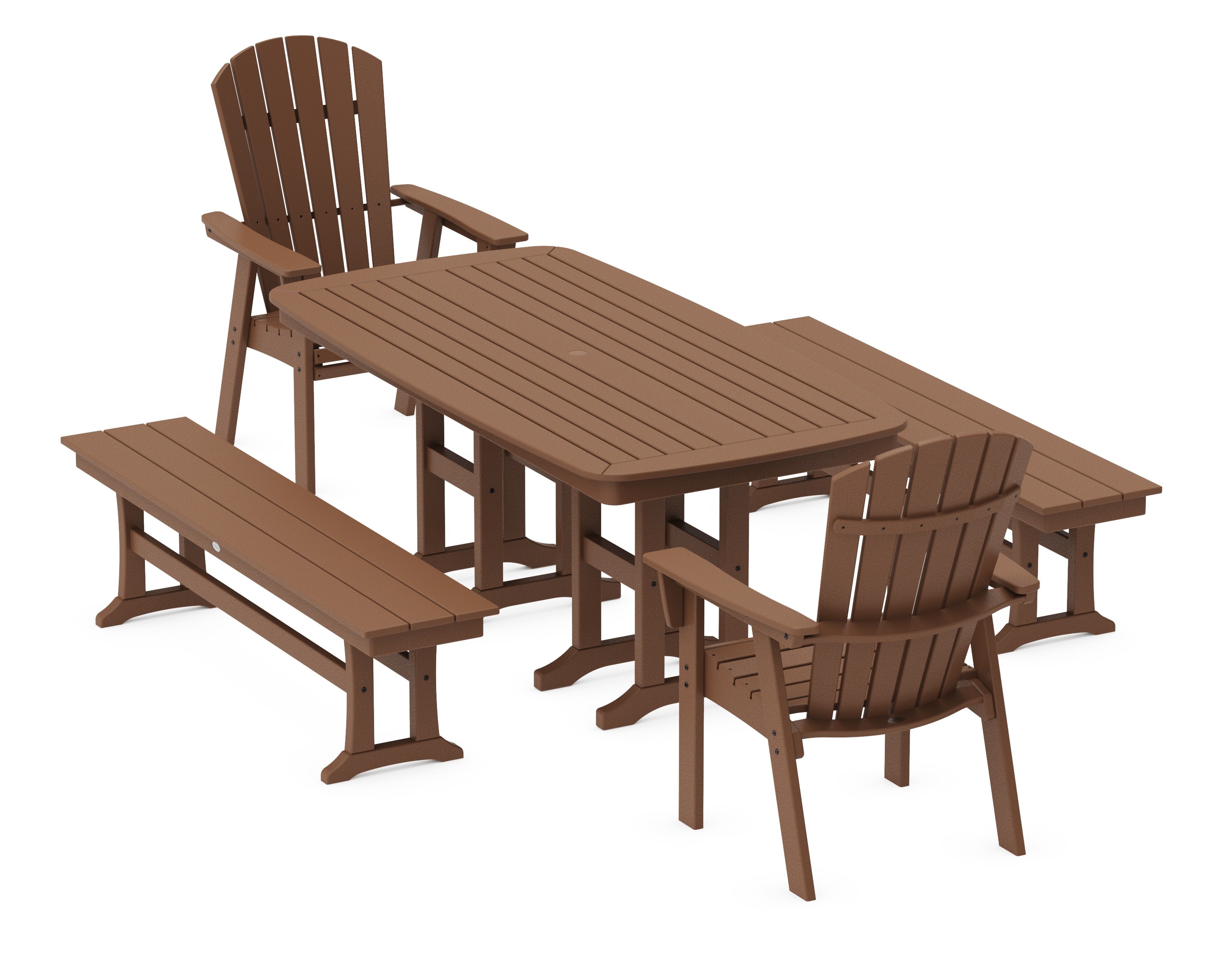 Nautical Curveback Adirondack 5-Piece Dining Set with Benches in Teak