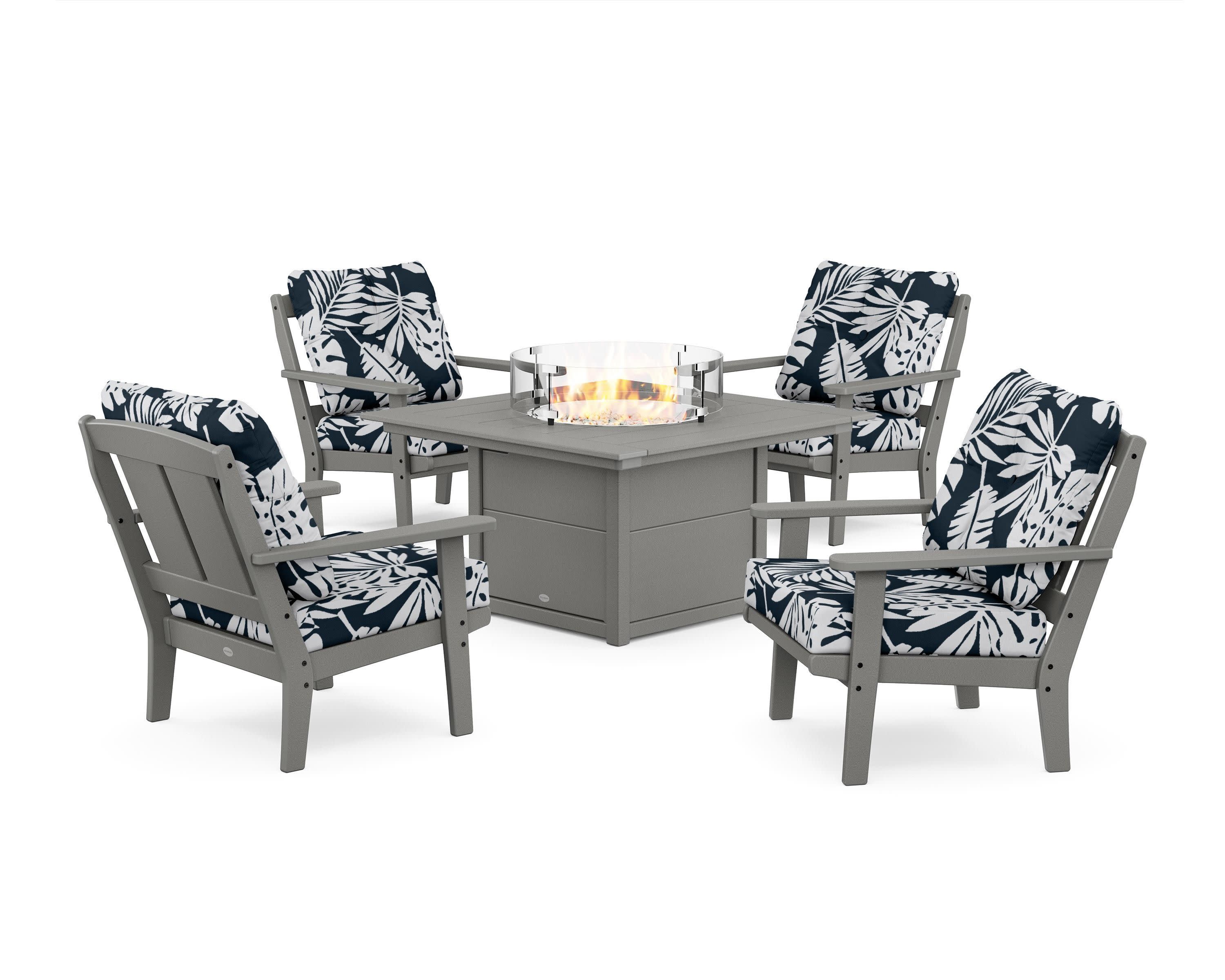 Mission 5-Piece Deep Seating Set with Fire Pit Table in Slate Grey / Leaf Marine Indigo