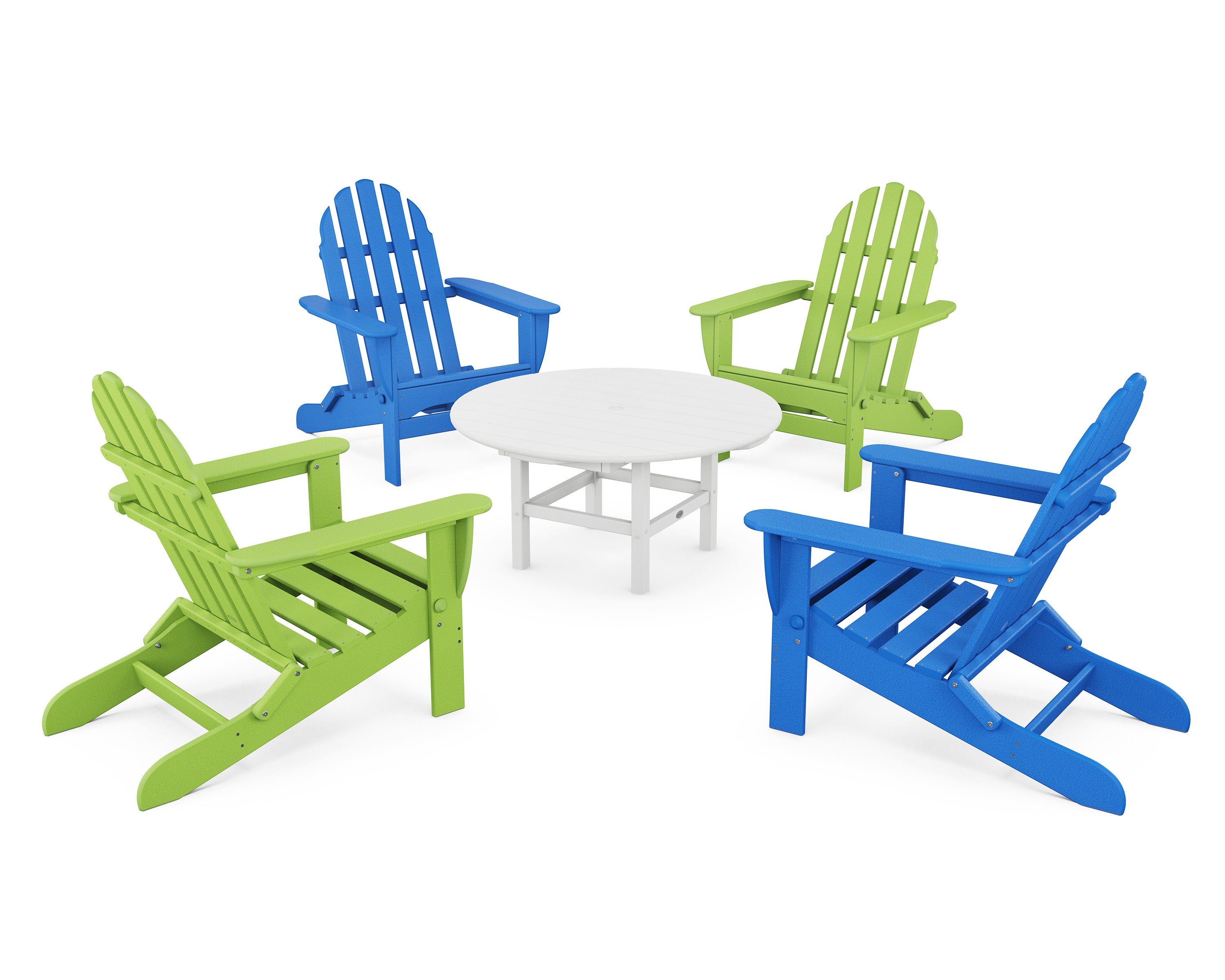 Classic Folding Adirondack 5-Piece Conversation Group in Lime / Pacific Blue / White