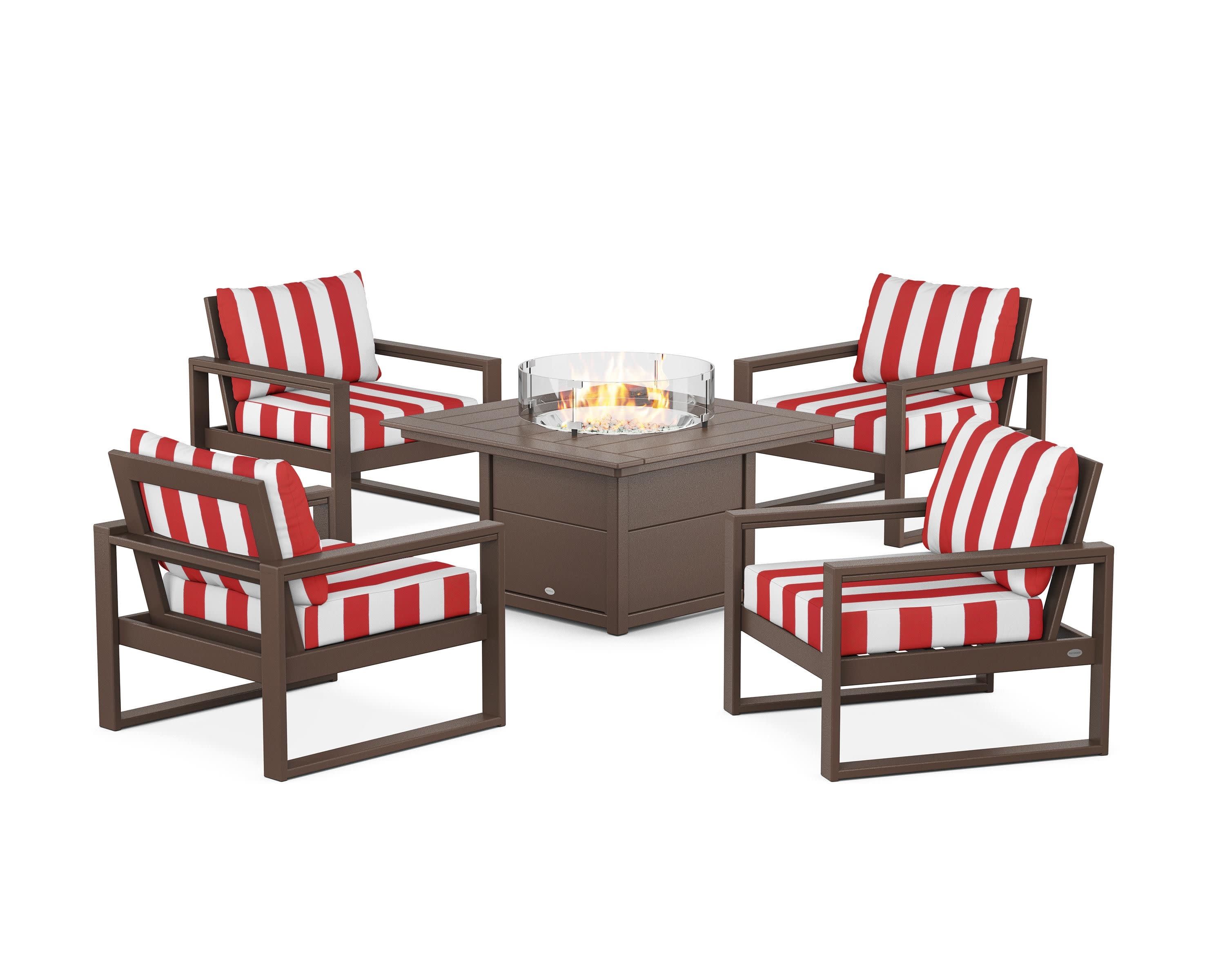 EDGE Sectional 5-Piece Deep Seating Set with Fire Pit Table in Mahogany / Cabana Stripe Crimson