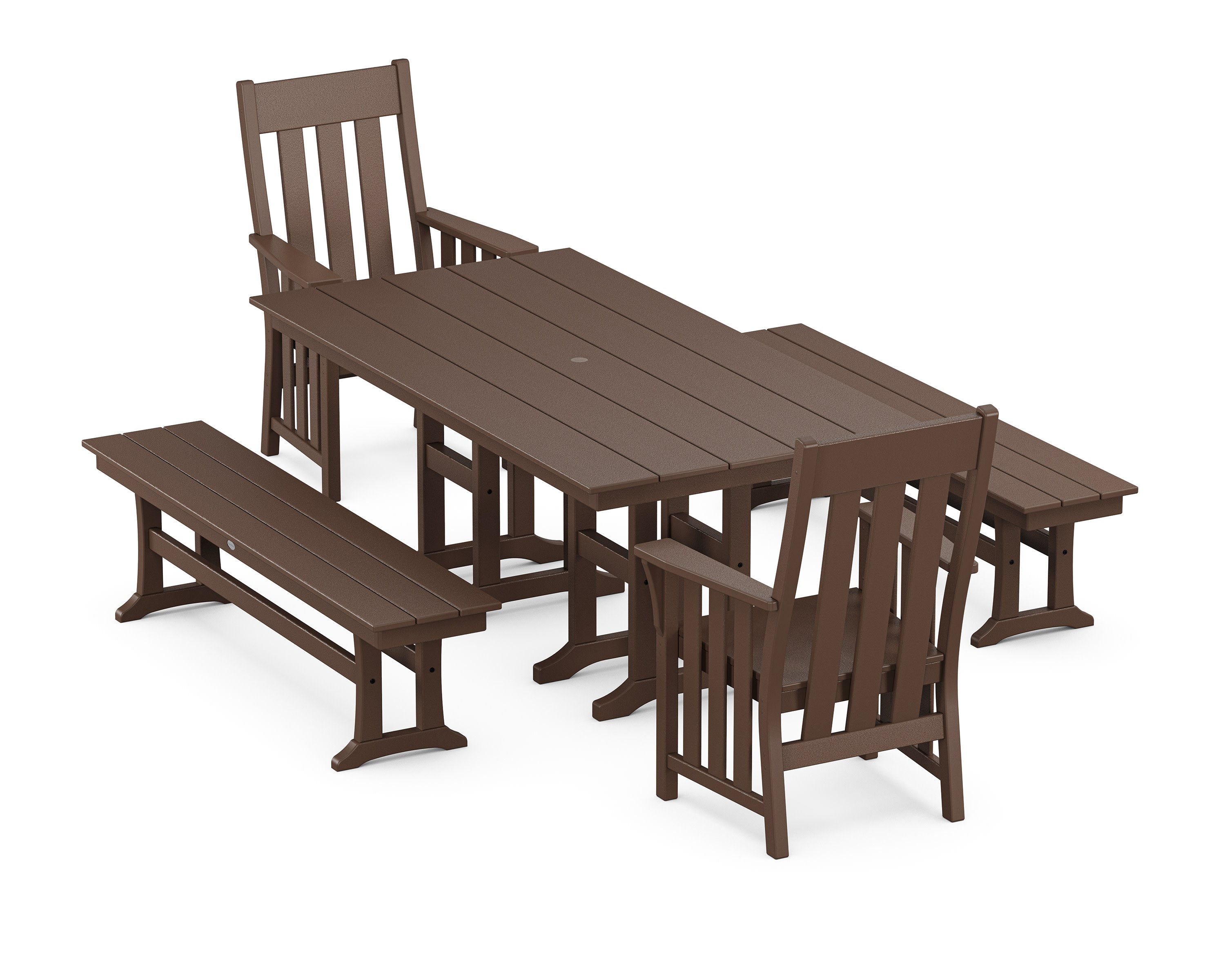 Acadia 5-Piece Farmhouse Dining Set with Benches in Mahogany