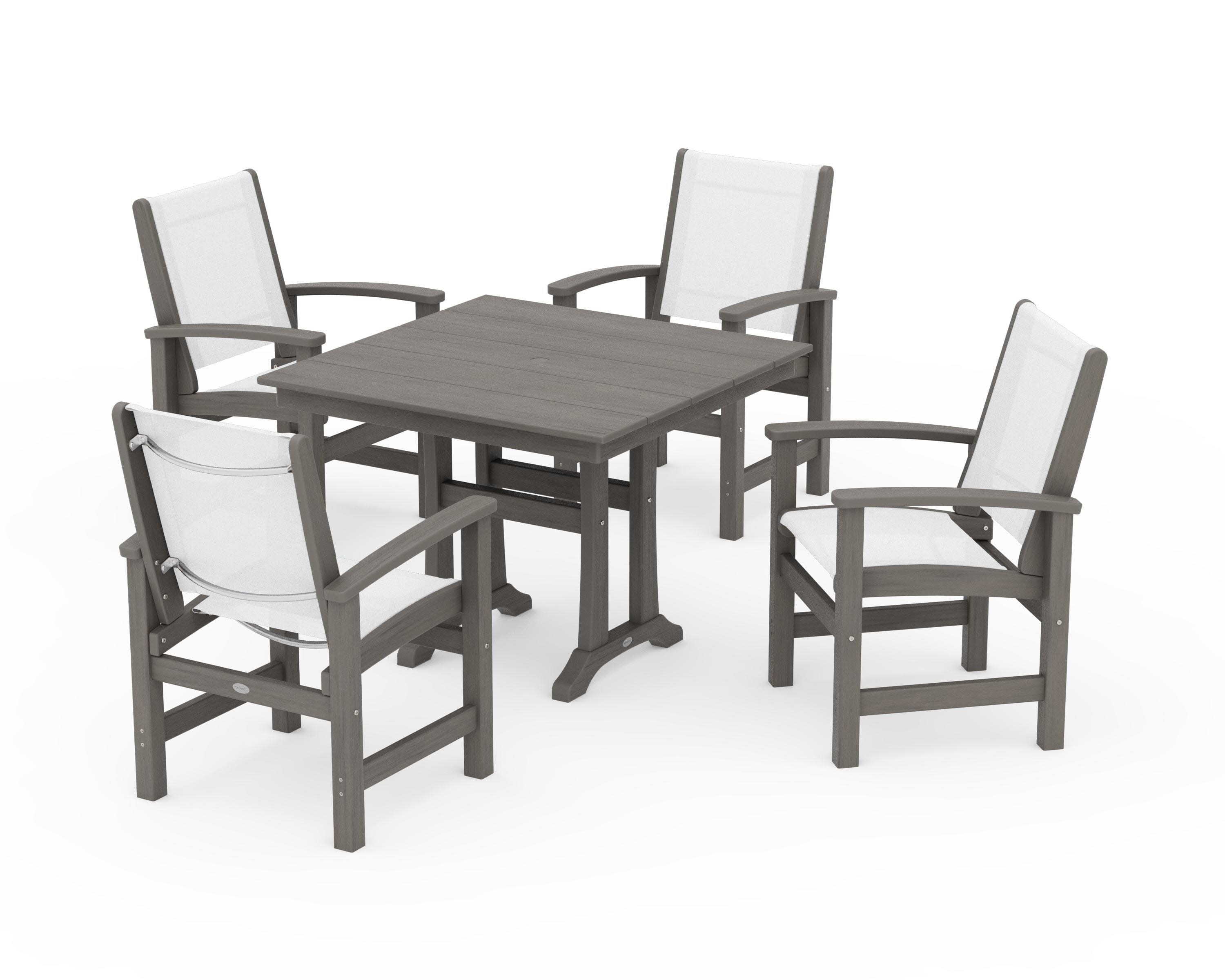 Coastal 5-Piece Farmhouse Dining Set With Trestle Legs in Driftwood / White Sling