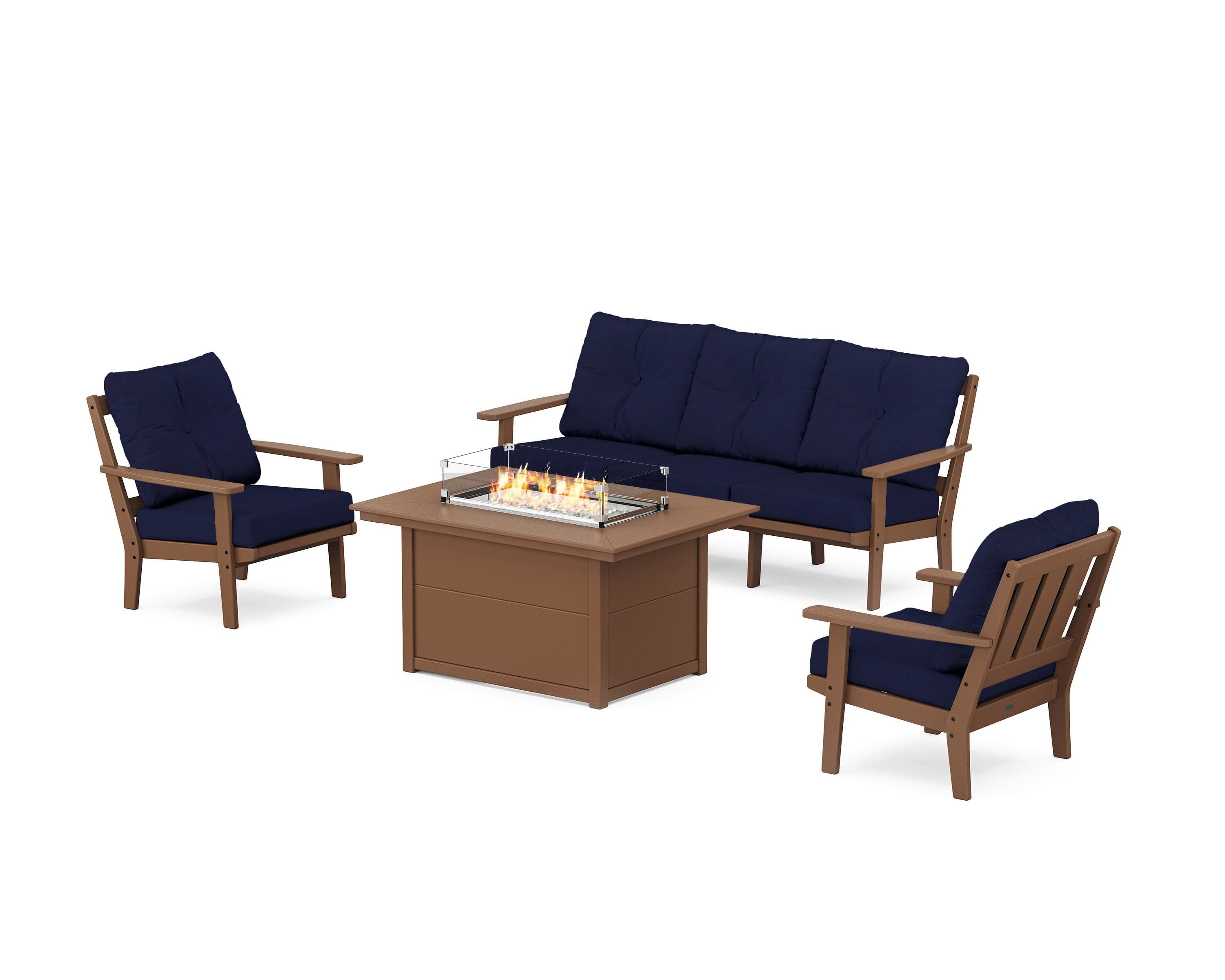 Oxford Deep Seating Fire Pit Table Set in Teak / Navy