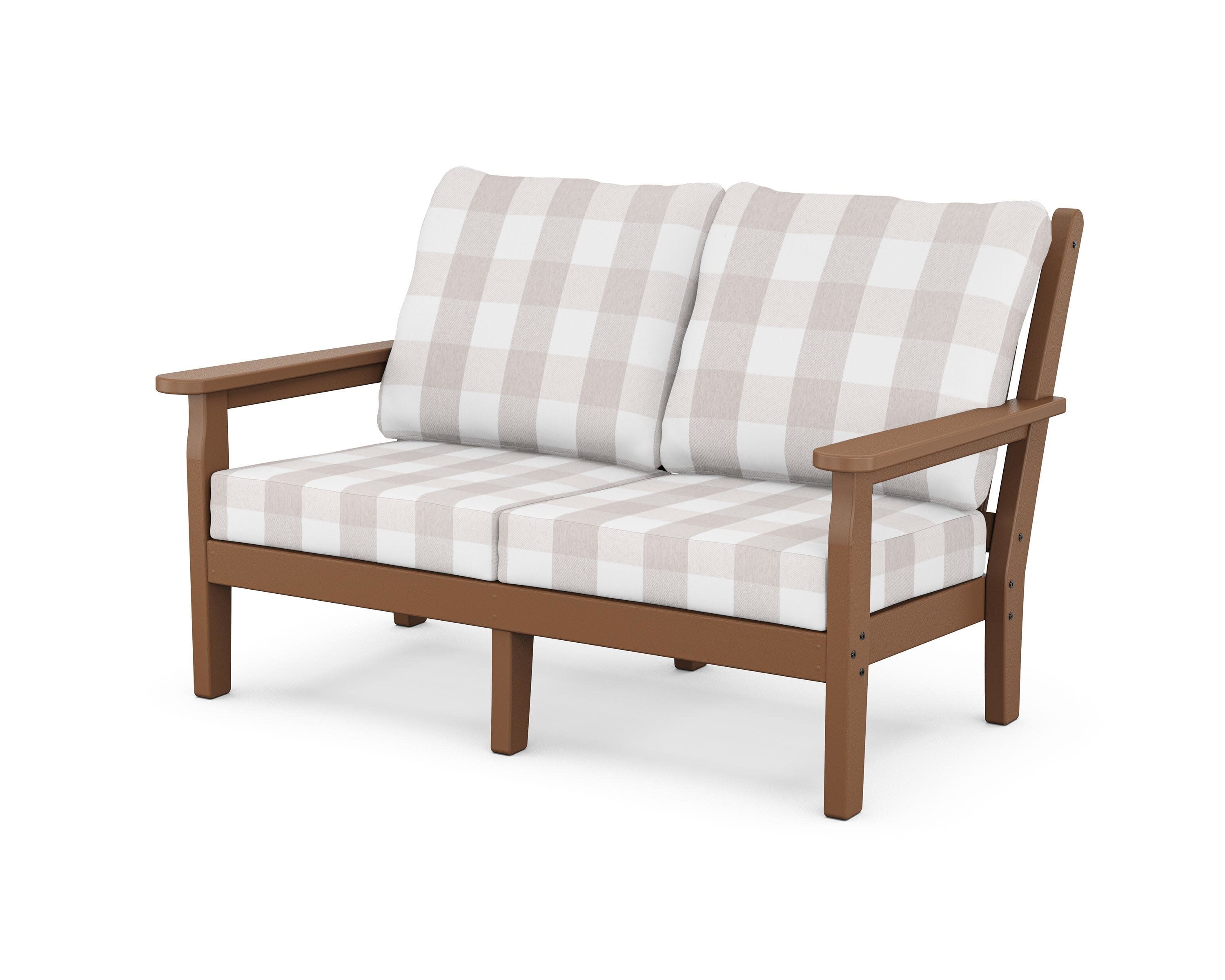 Chippendale Deep Seating Loveseat in Teak / Buffalo Plaid Dune Burlap