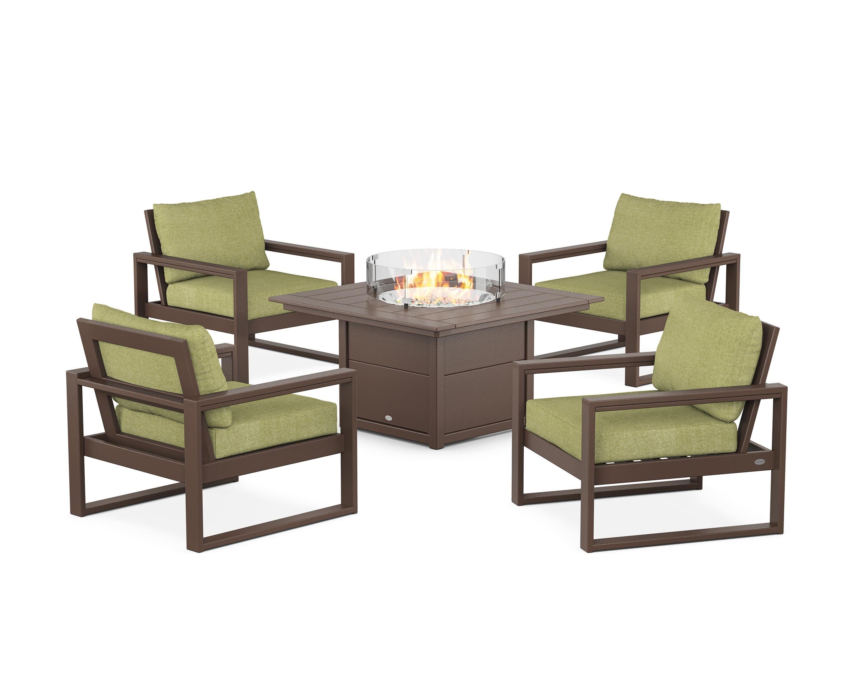 EDGE Sectional 5-Piece Deep Seating Set with Fire Pit Table in Mahogany / Chartreuse Boucle