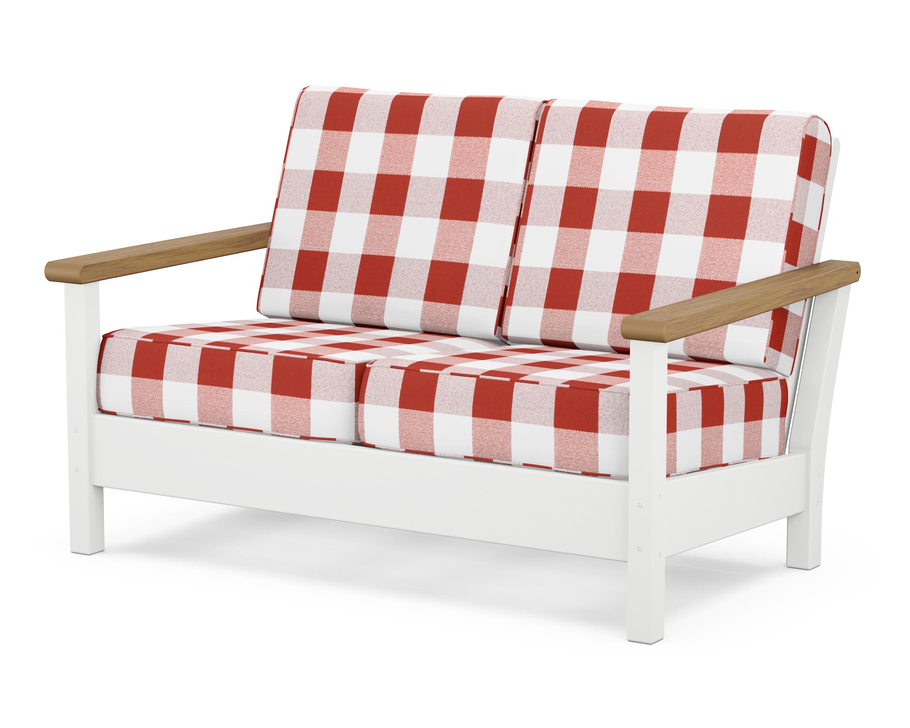 Harbour Deep Seating Loveseat in White / Natural / Buffalo Plaid Crimson