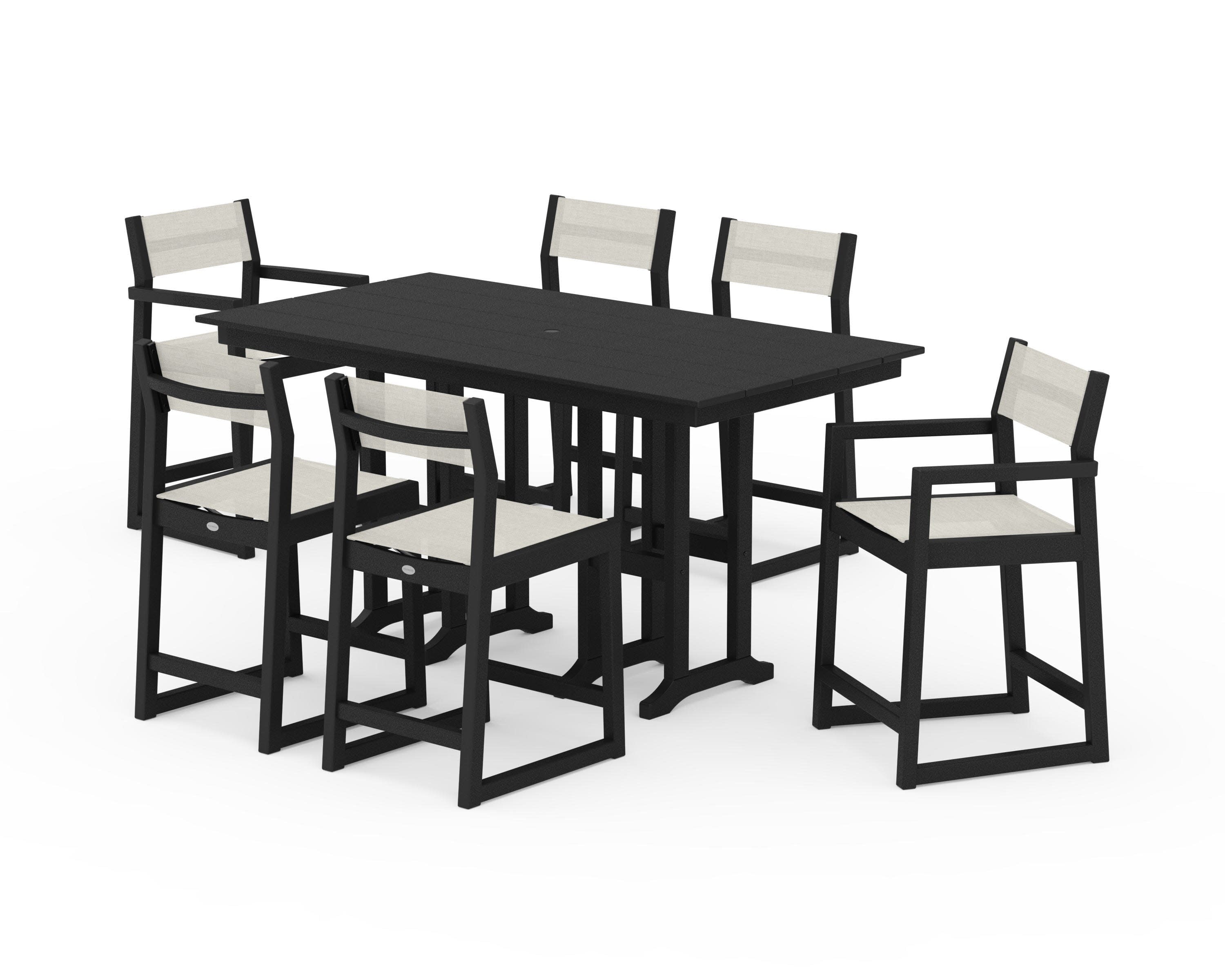 EDGE Sling 7-Piece Farmhouse Counter Set with Trestle Legs in Black / Parchment Sling