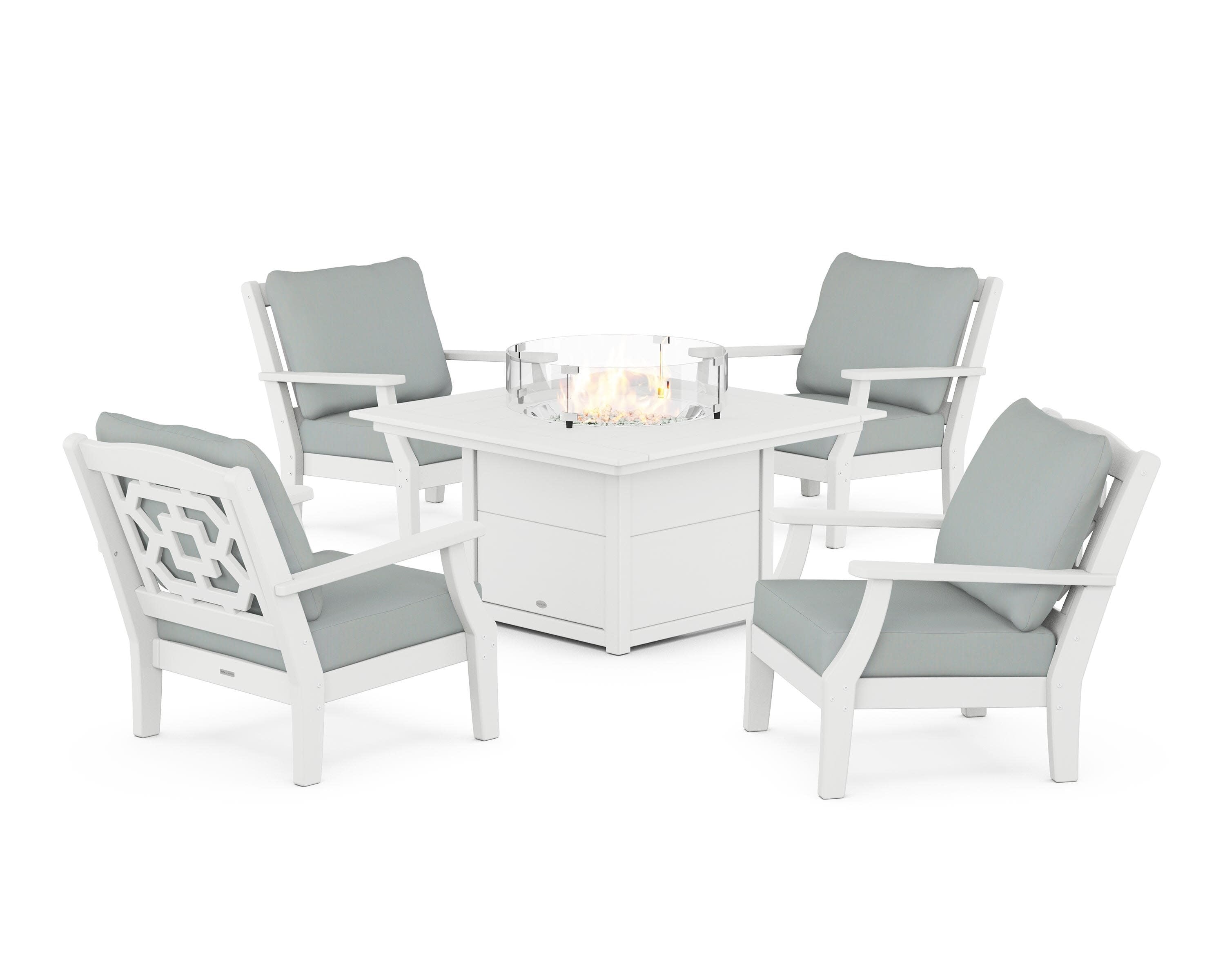 Chinoiserie 5-Piece Deep Seating Set with Fire Pit Table in White / Spa
