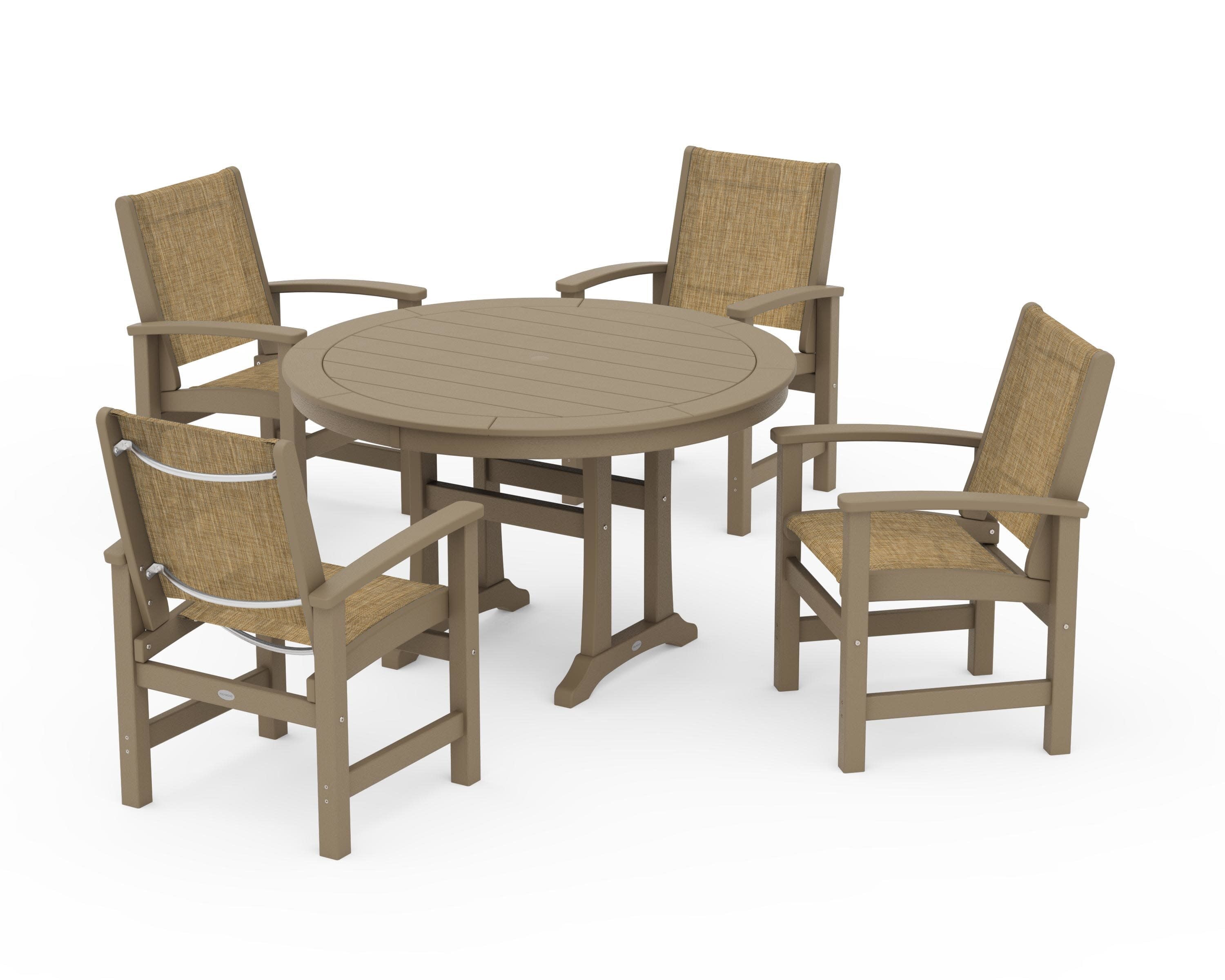 Coastal 5-Piece Round Dining Set with Trestle Legs in Vintage Sahara / Burlap Sling