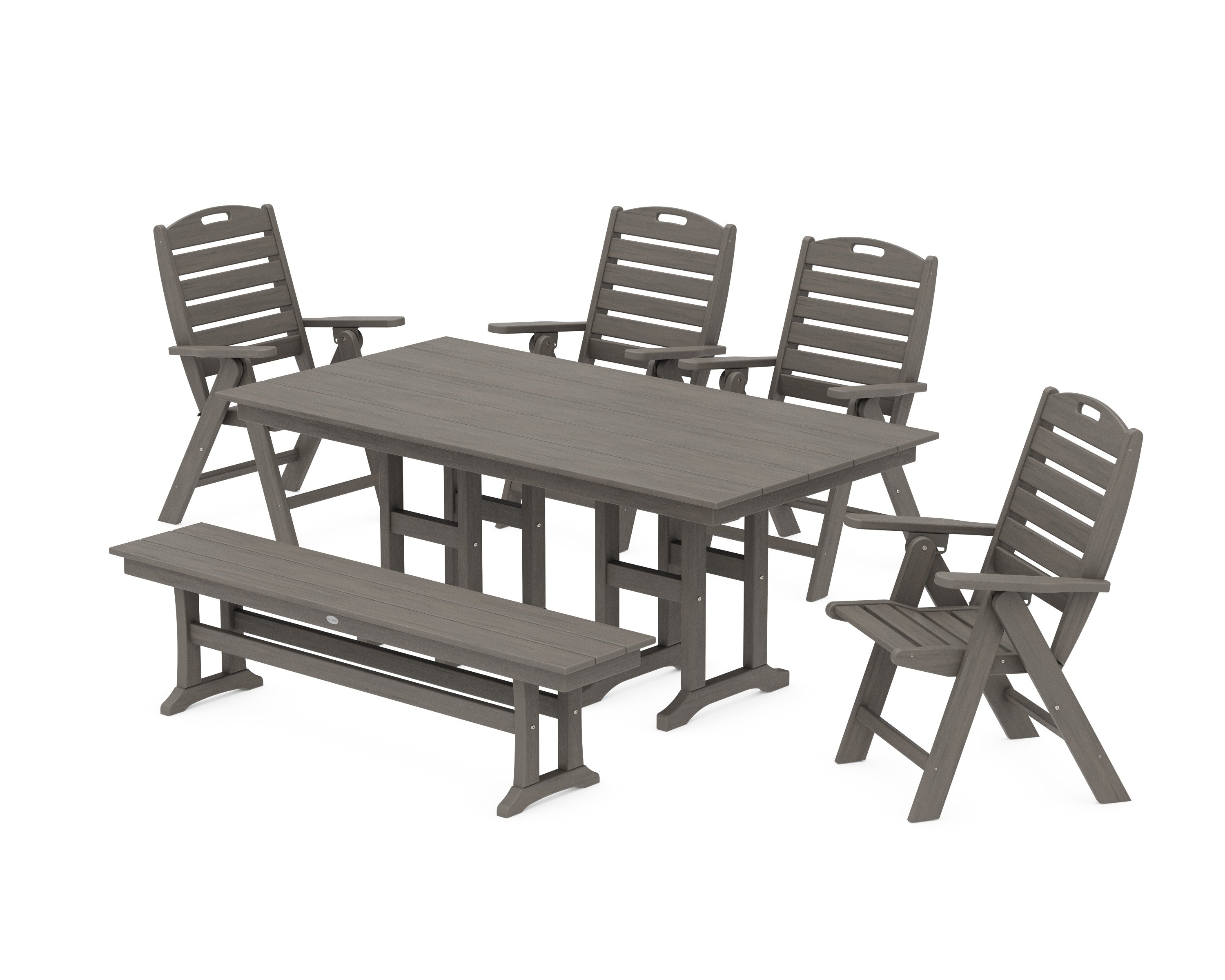 Nautical Highback 6-Piece Farmhouse Dining Set with Bench in Driftwood