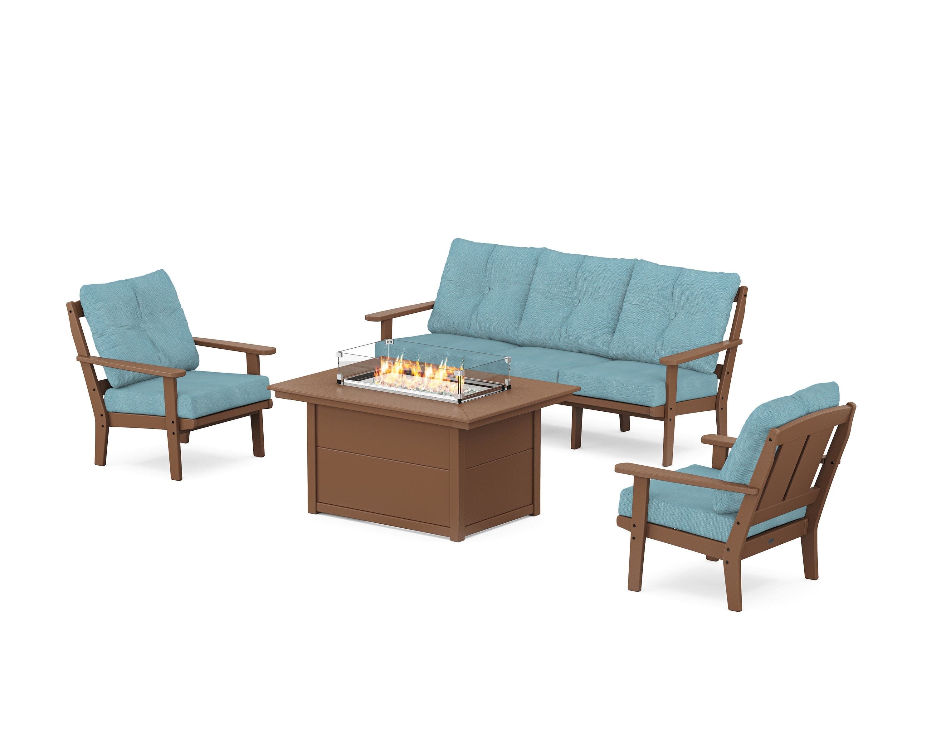 Mission Deep Seating Fire Pit Table Set in Teak / Lattice Sky Blue