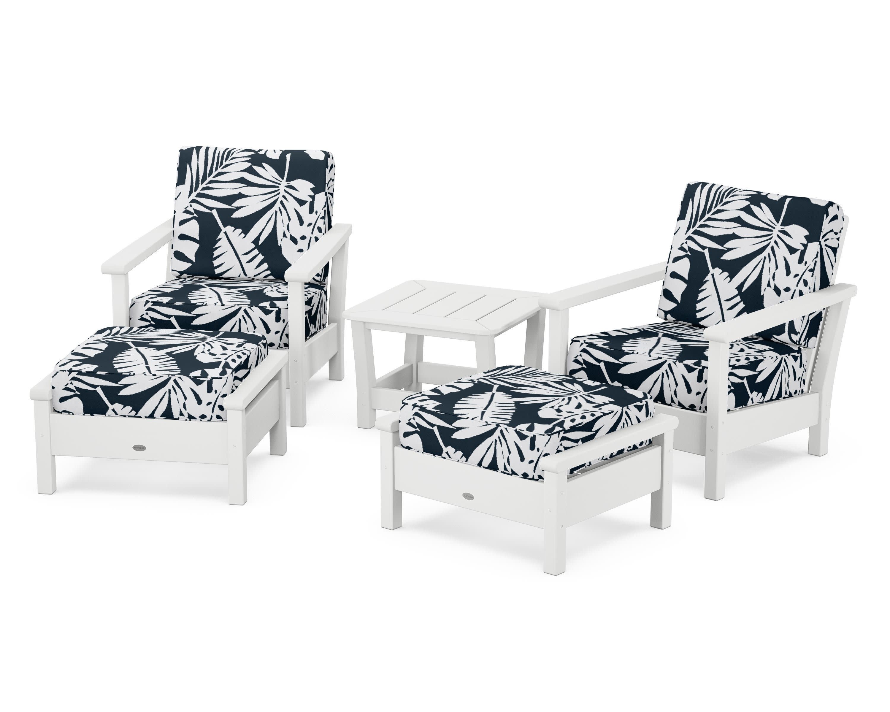 Harbour 5-Piece Deep Seating Chair Set in White / Leaf Marine Indigo