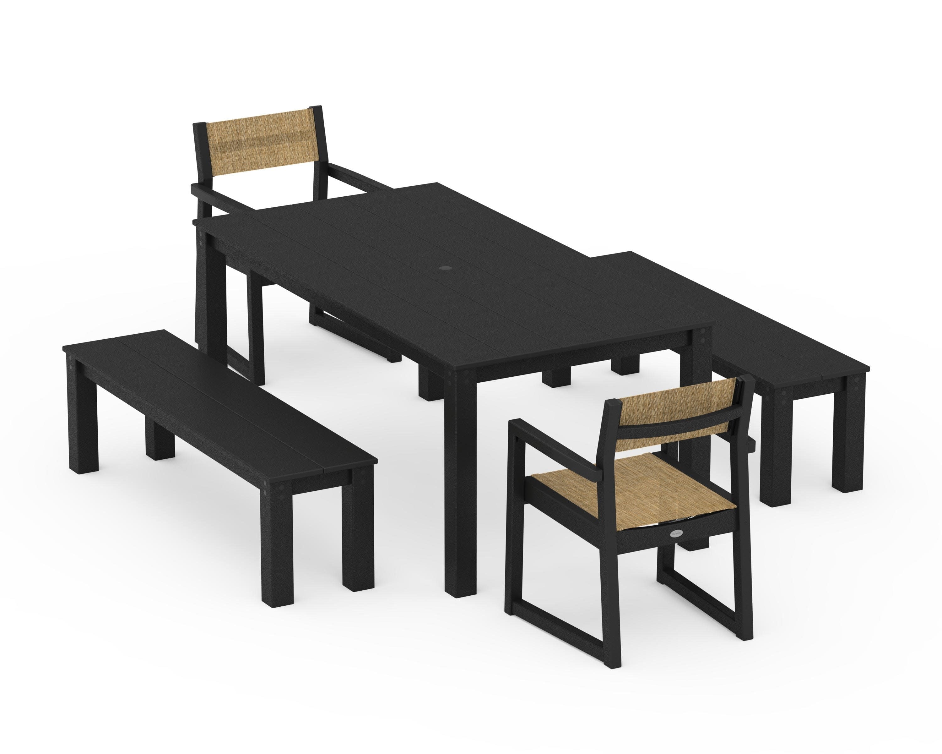 EDGE Sling Arm Chair 5-Piece Parsons Dining Set with Benches in Black / Burlap Sling