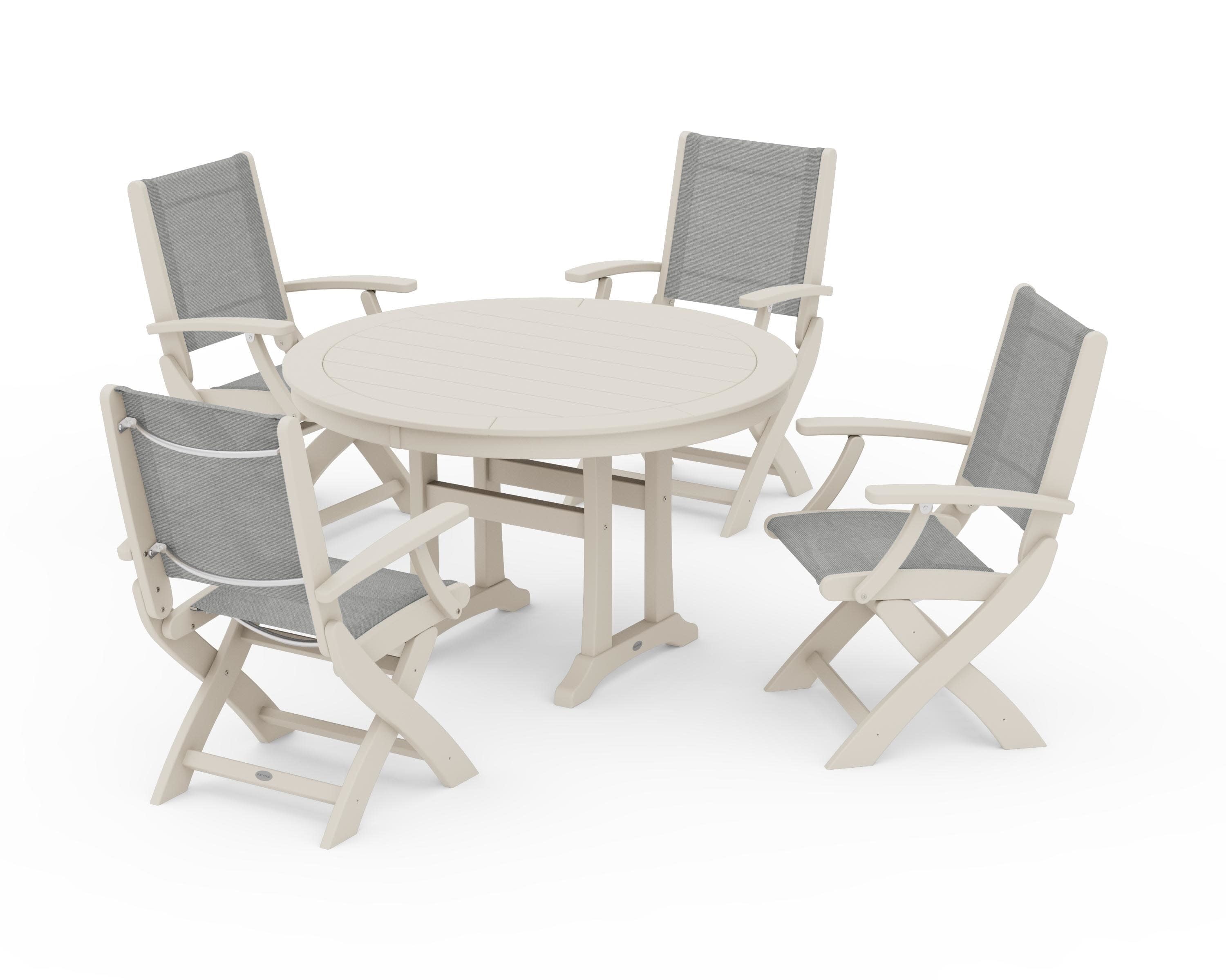 Coastal Folding Chair 5-Piece Round Dining Set with Trestle Legs in Sand / Metallic Sling