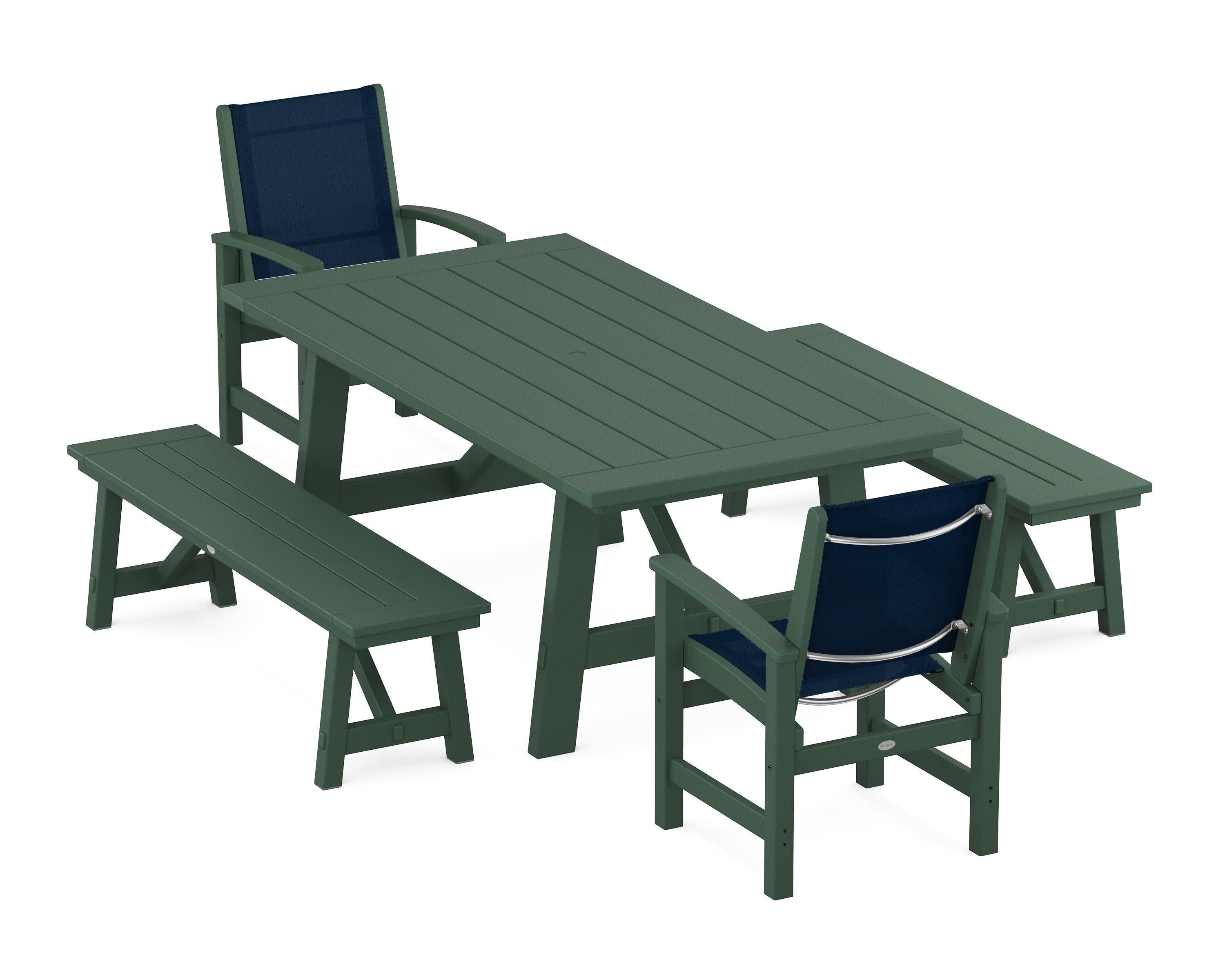 Coastal 5-Piece Rustic Farmhouse Dining Set With Benches in Green / Navy Blue Sling