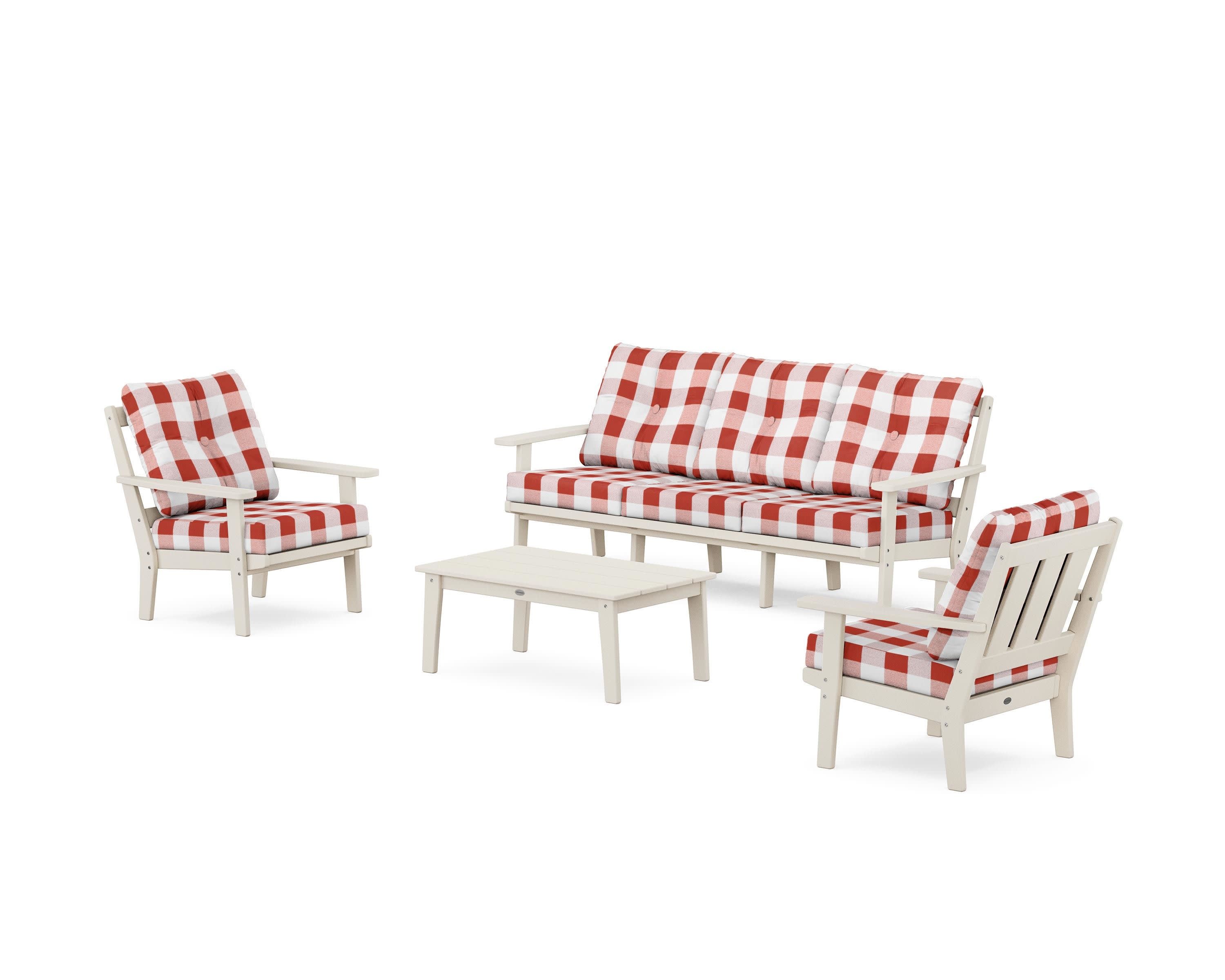 Oxford 4-Piece Deep Seating Set with Sofa in Sand / Buffalo Plaid Crimson