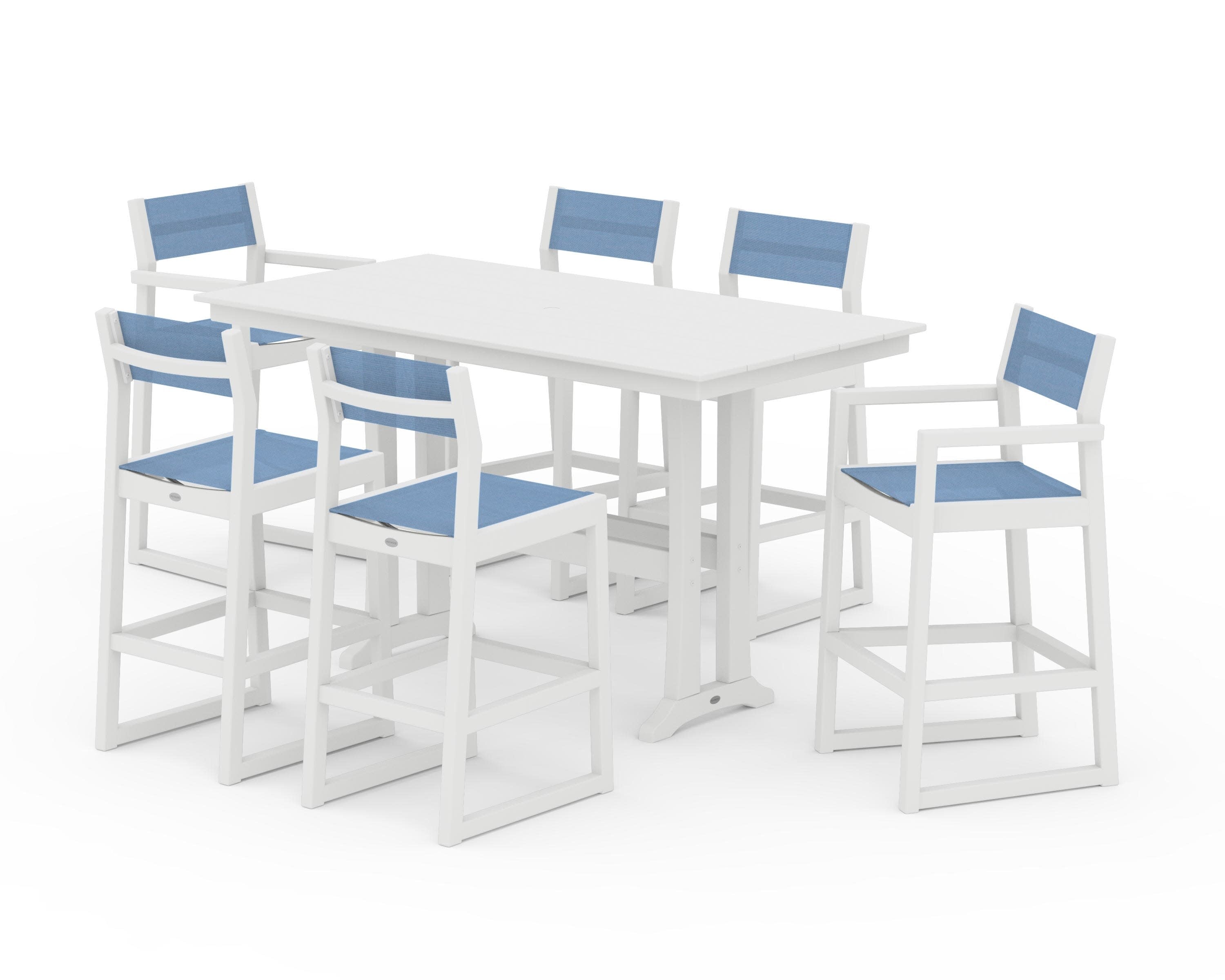 EDGE Sling 7-Piece Farmhouse Bar Set with Trestle Legs in White / Poolside Sling