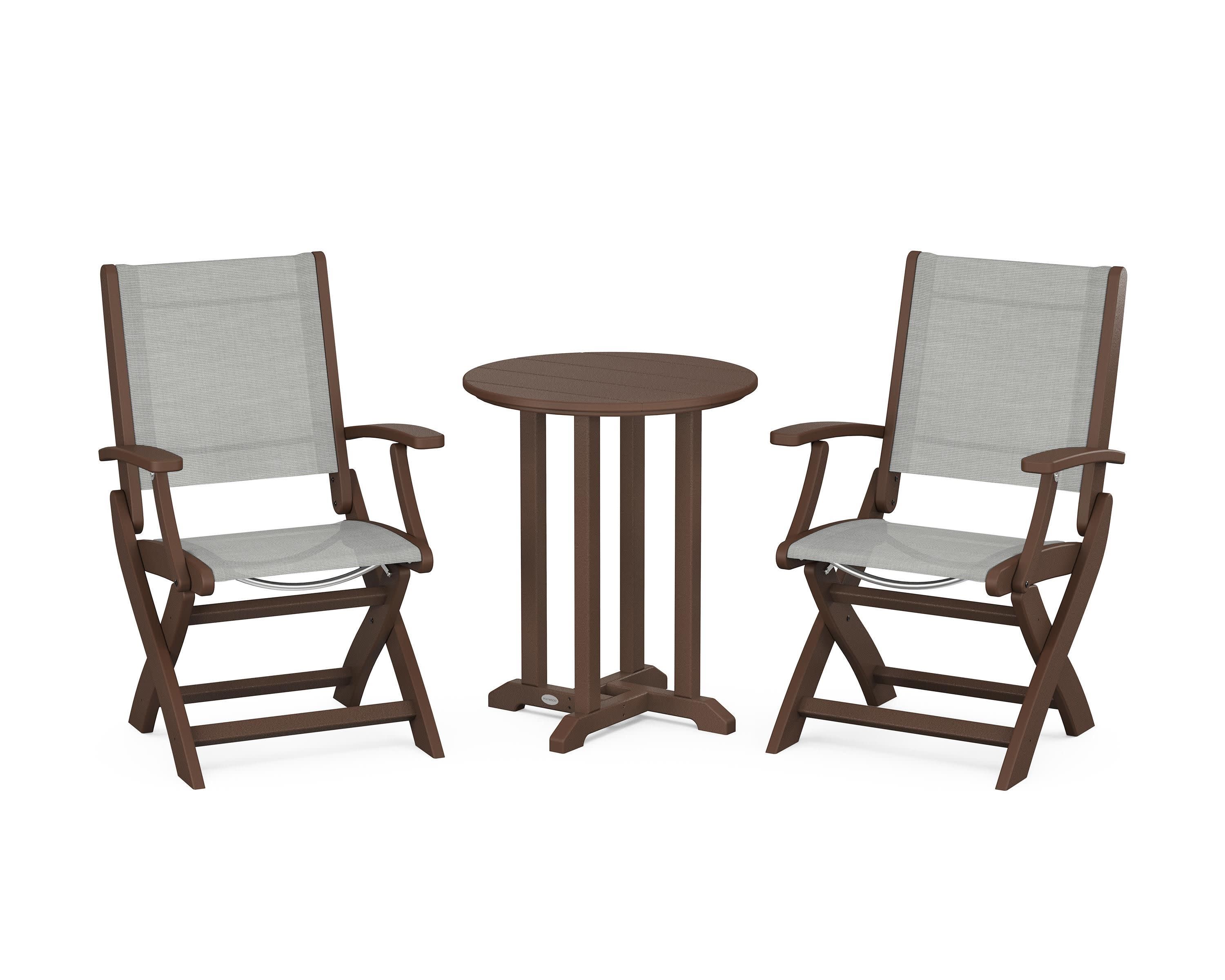 Coastal Folding 3-Piece Round Bistro Dining Set in Mahogany / Metallic Sling