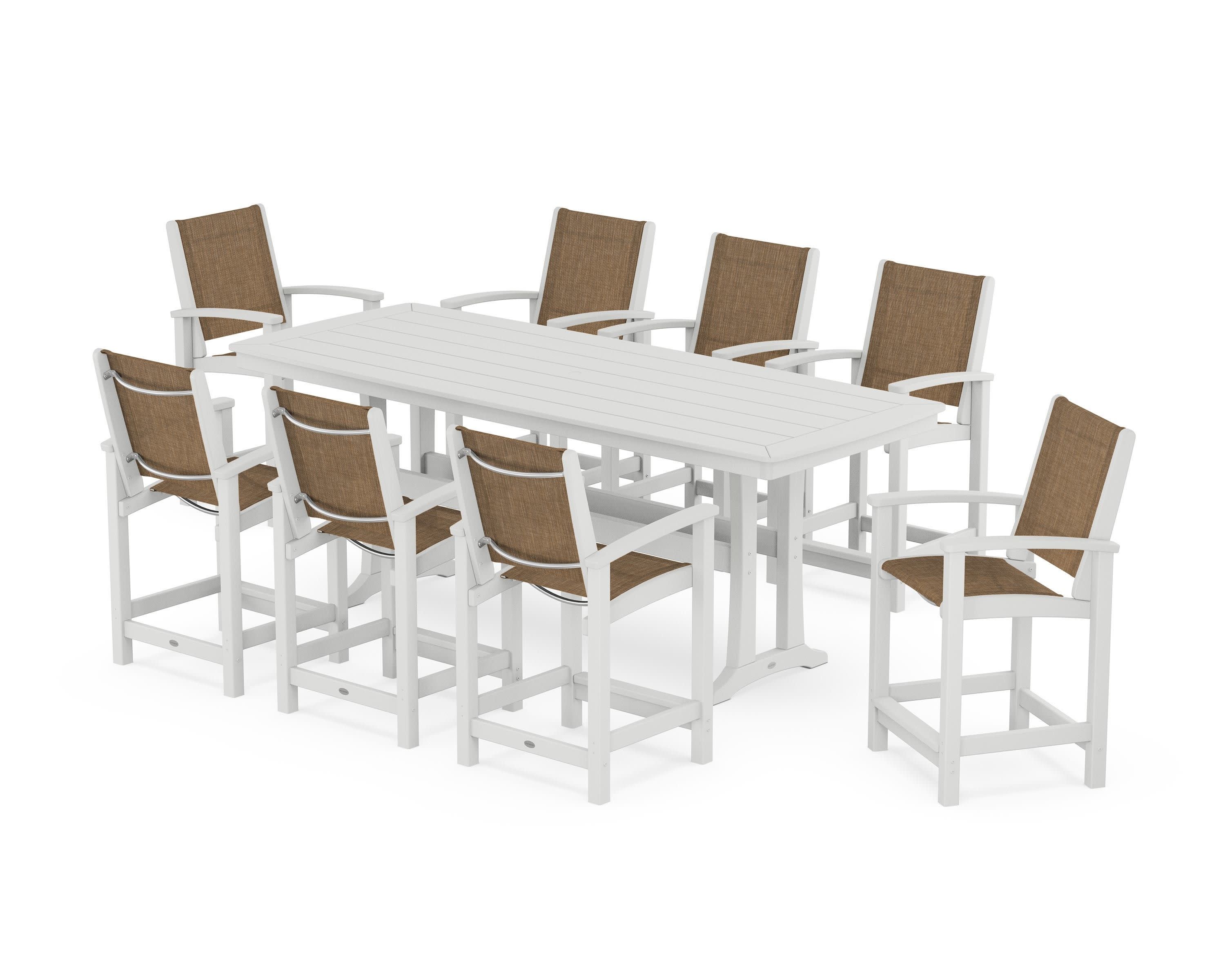 Coastal 9-Piece Counter Set with Trestle Legs in White / Burlap Sling
