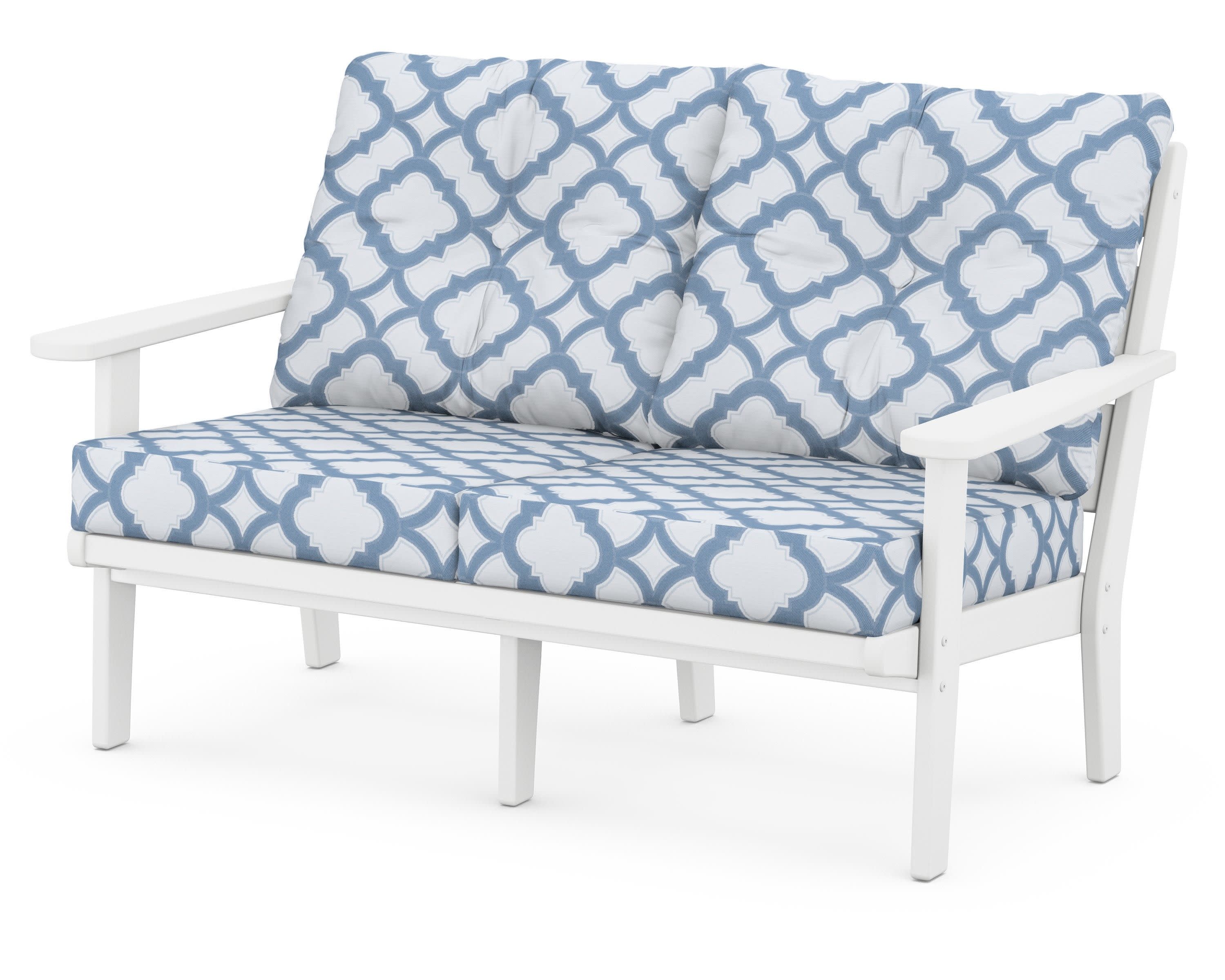 Lakeside Deep Seating Loveseat in White / Trellis Sky Blue