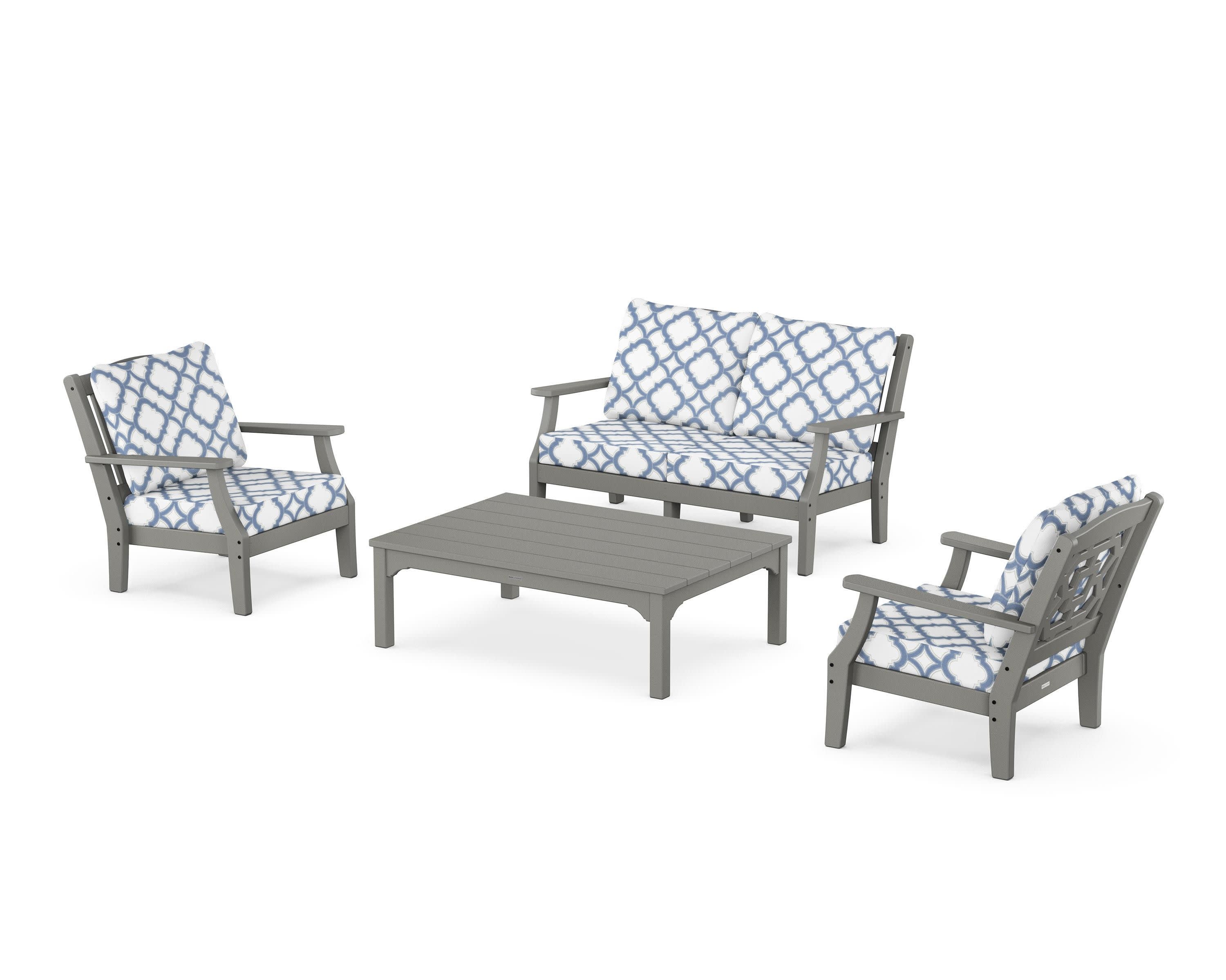Chinoiserie 4-Piece Deep Seating Set with Loveseat in Slate Grey / Trellis Sky Blue