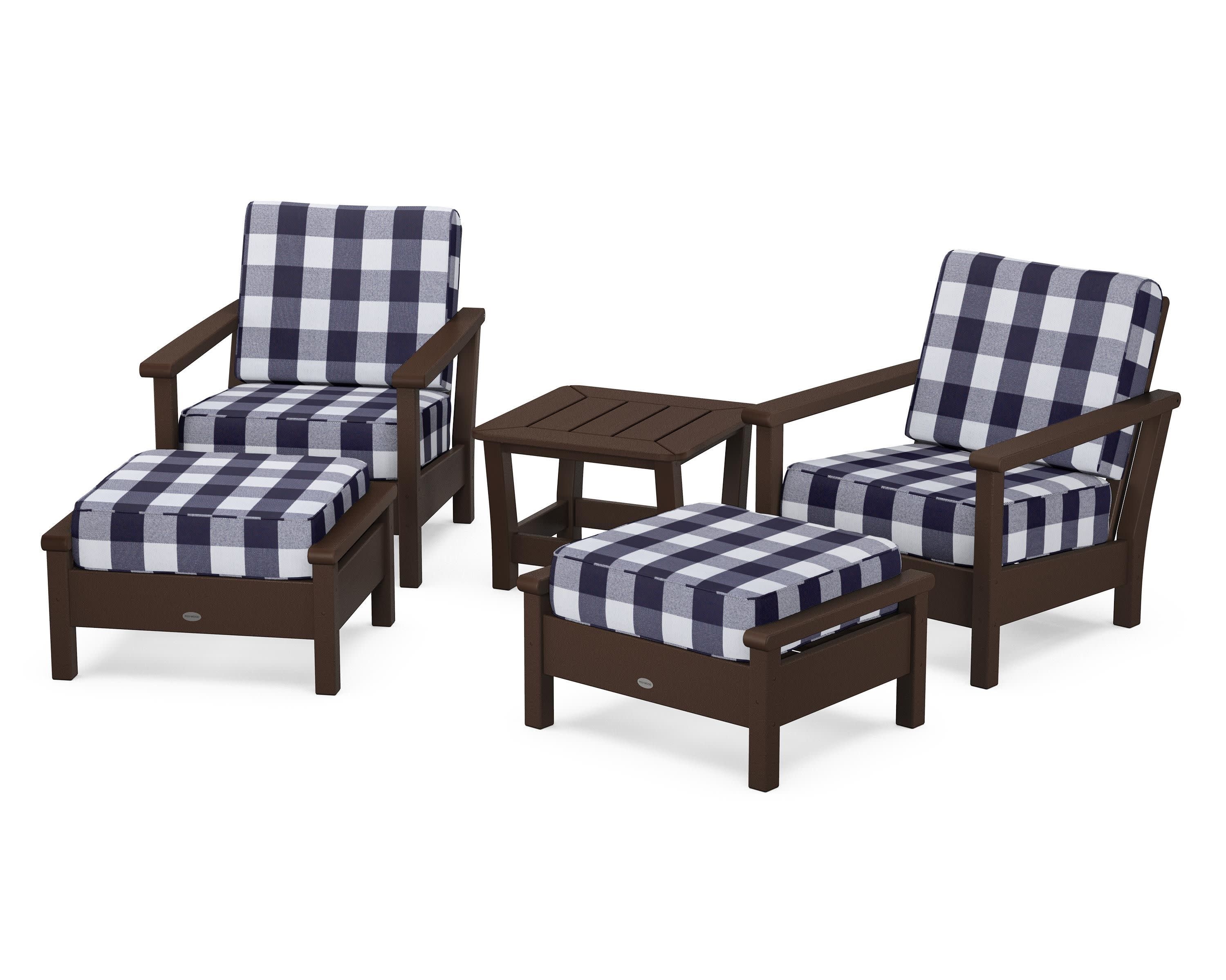 Harbour 5-Piece Deep Seating Chair Set in Mahogany / Buffalo Plaid Navy