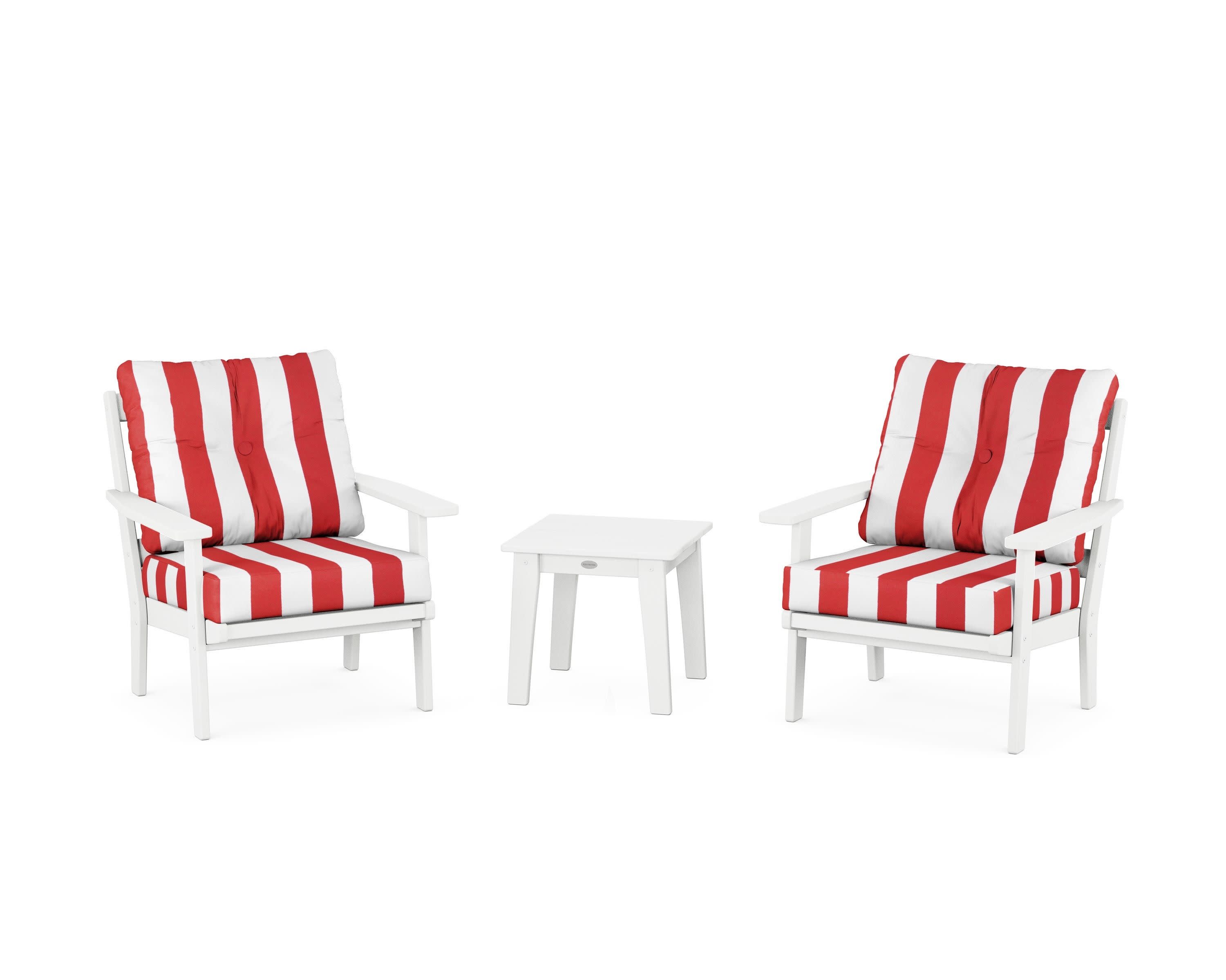 Oxford 3-Piece Deep Seating Set in White / Cabana Stripe Crimson