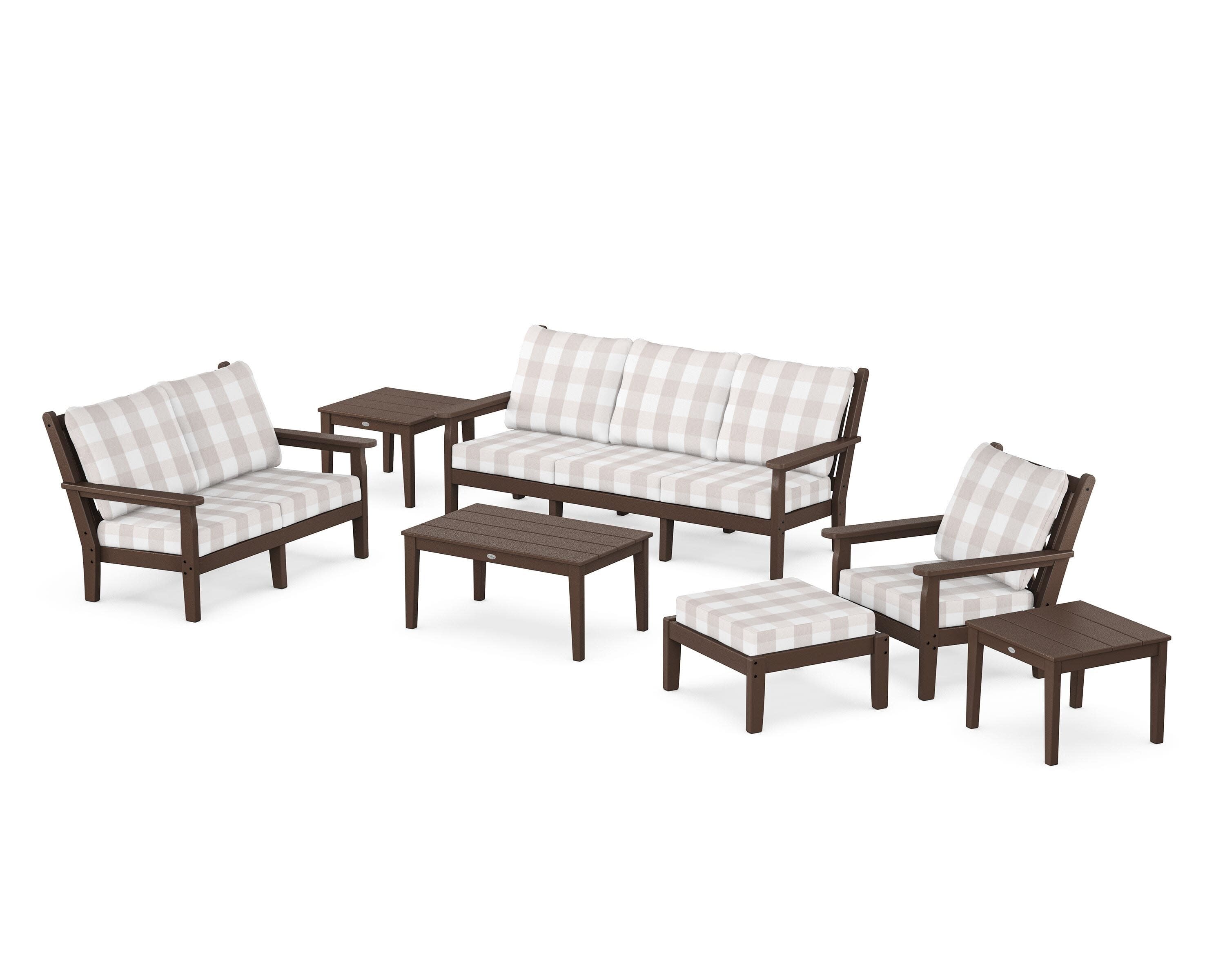 Chippendale 7-Piece Deep Seating Set in Mahogany / Buffalo Plaid Dune Burlap
