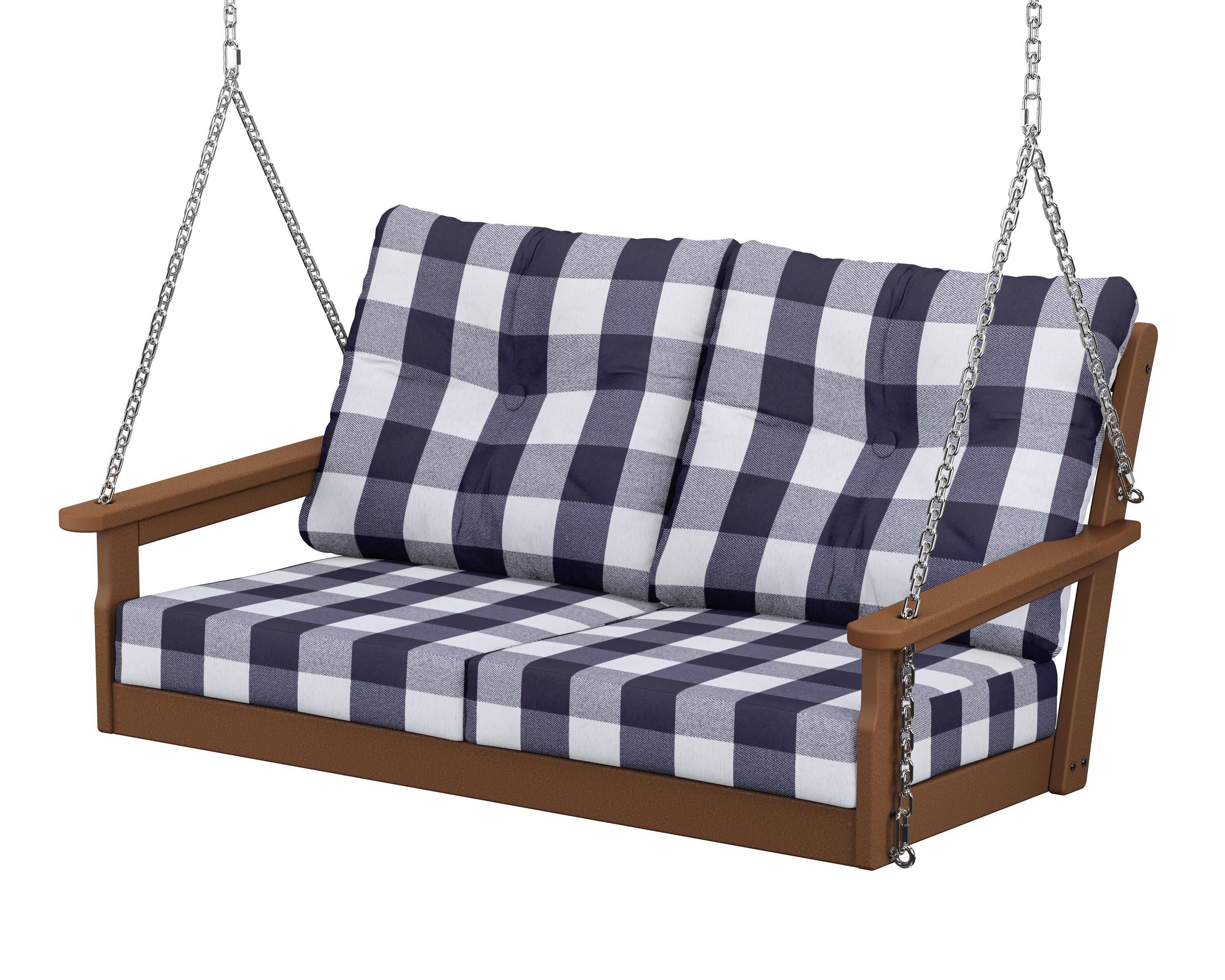 Vineyard Deep Seating Swing in Teak / Buffalo Plaid Navy