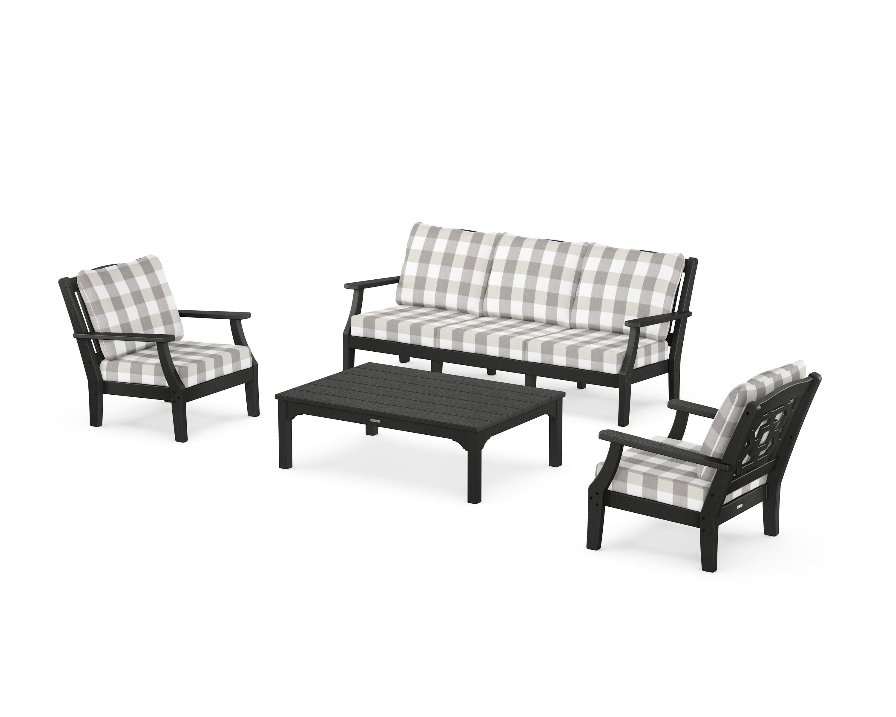 Chinoiserie 4-Piece Deep Seating Set with Sofa in Black / Buffalo Plaid Grey Mist