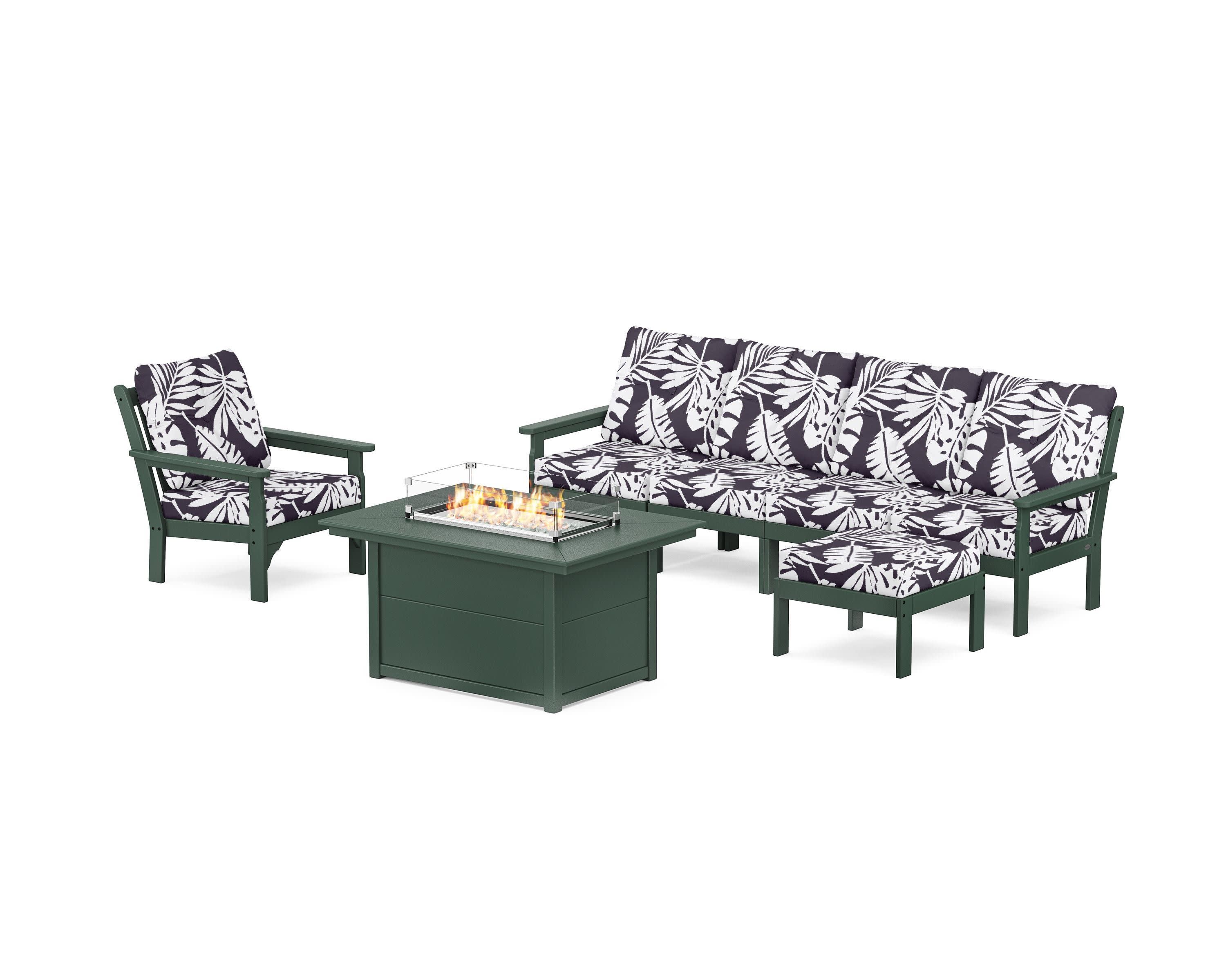 Vineyard Sectional Lounge and Fire Pit Set in Green / Leaf Navy