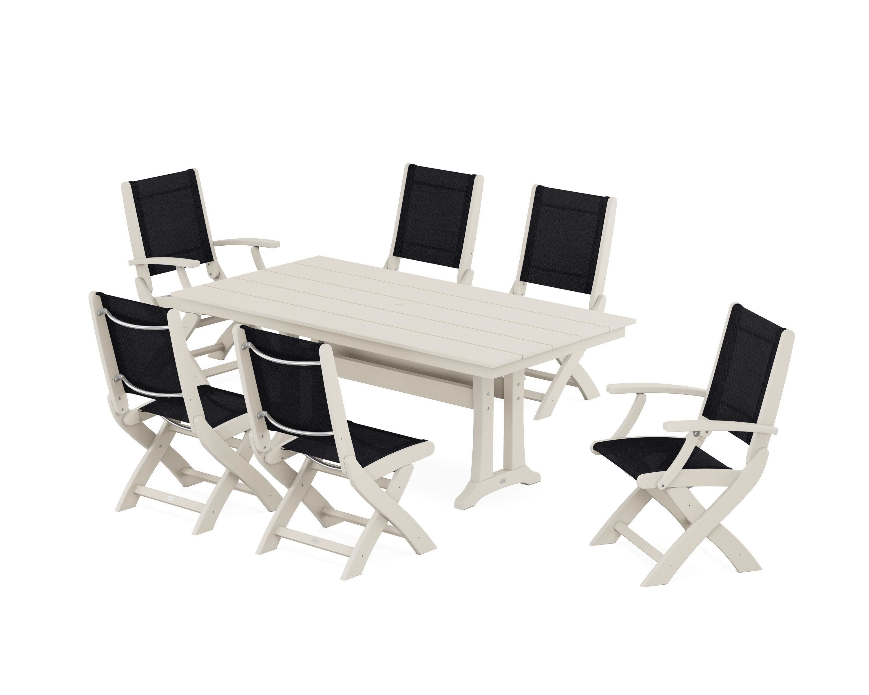 Coastal Folding Chair 7-Piece Farmhouse Dining Set with Trestle Legs in Sand / Black Sling